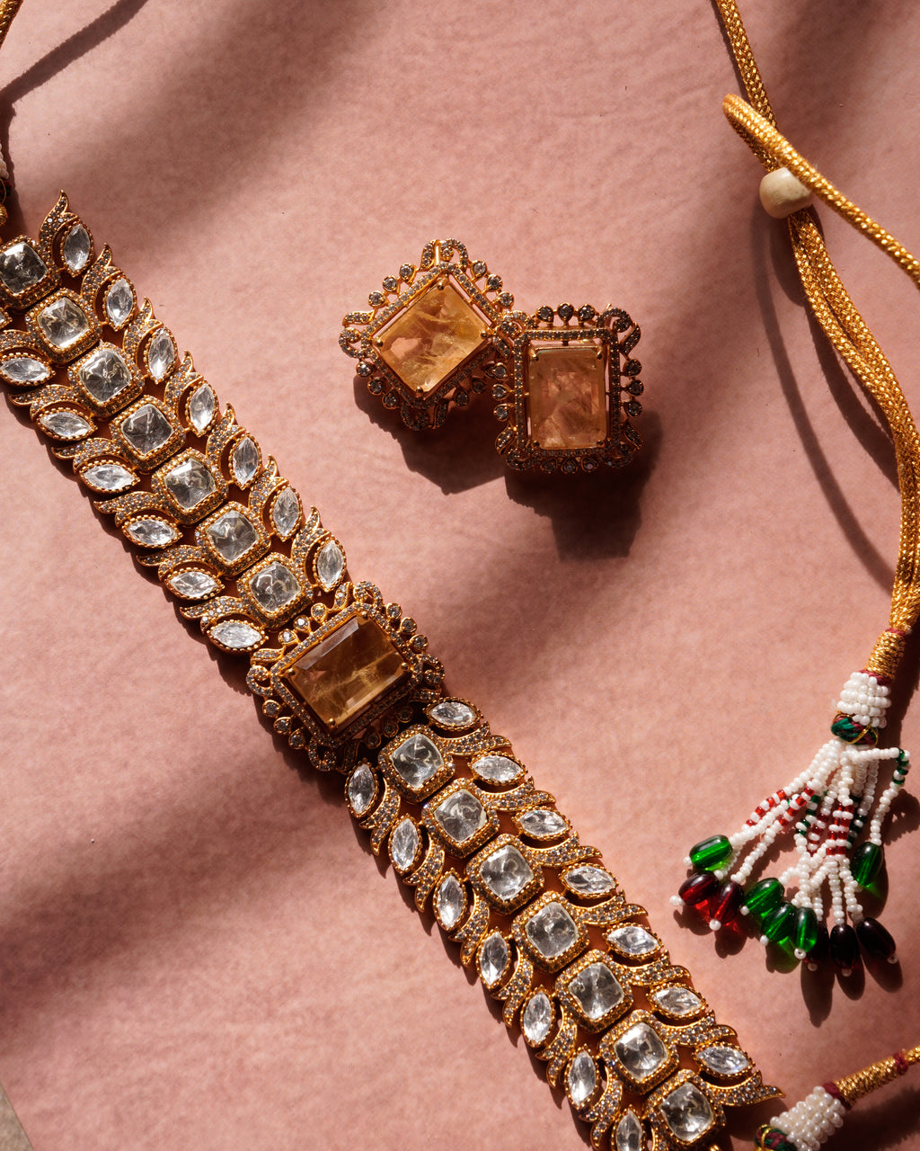 ROOP- Gold-Plated Gemstone Choker Set with Matching Earrings