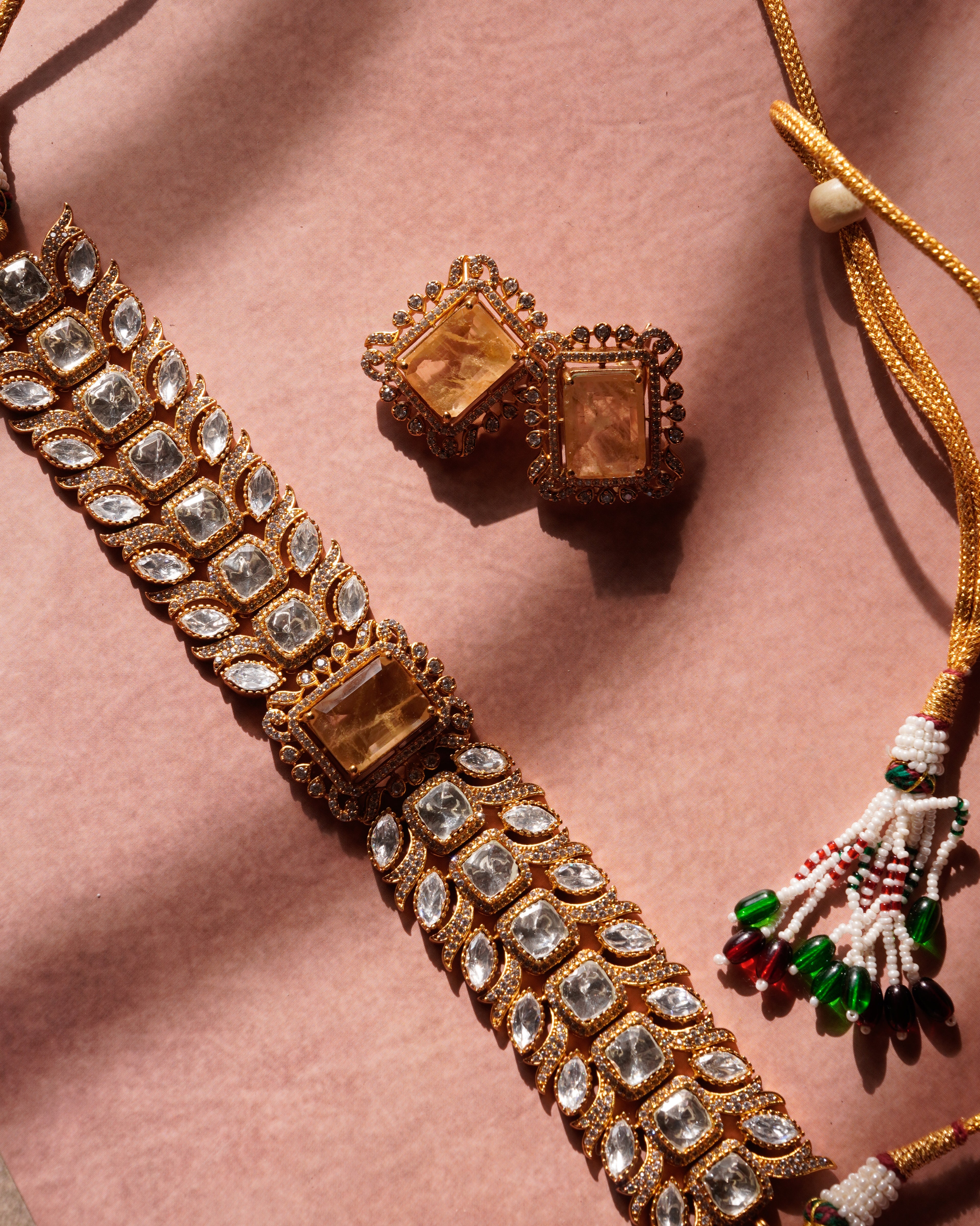 ROOP- Gold-Plated Gemstone Choker Set with Matching Earrings