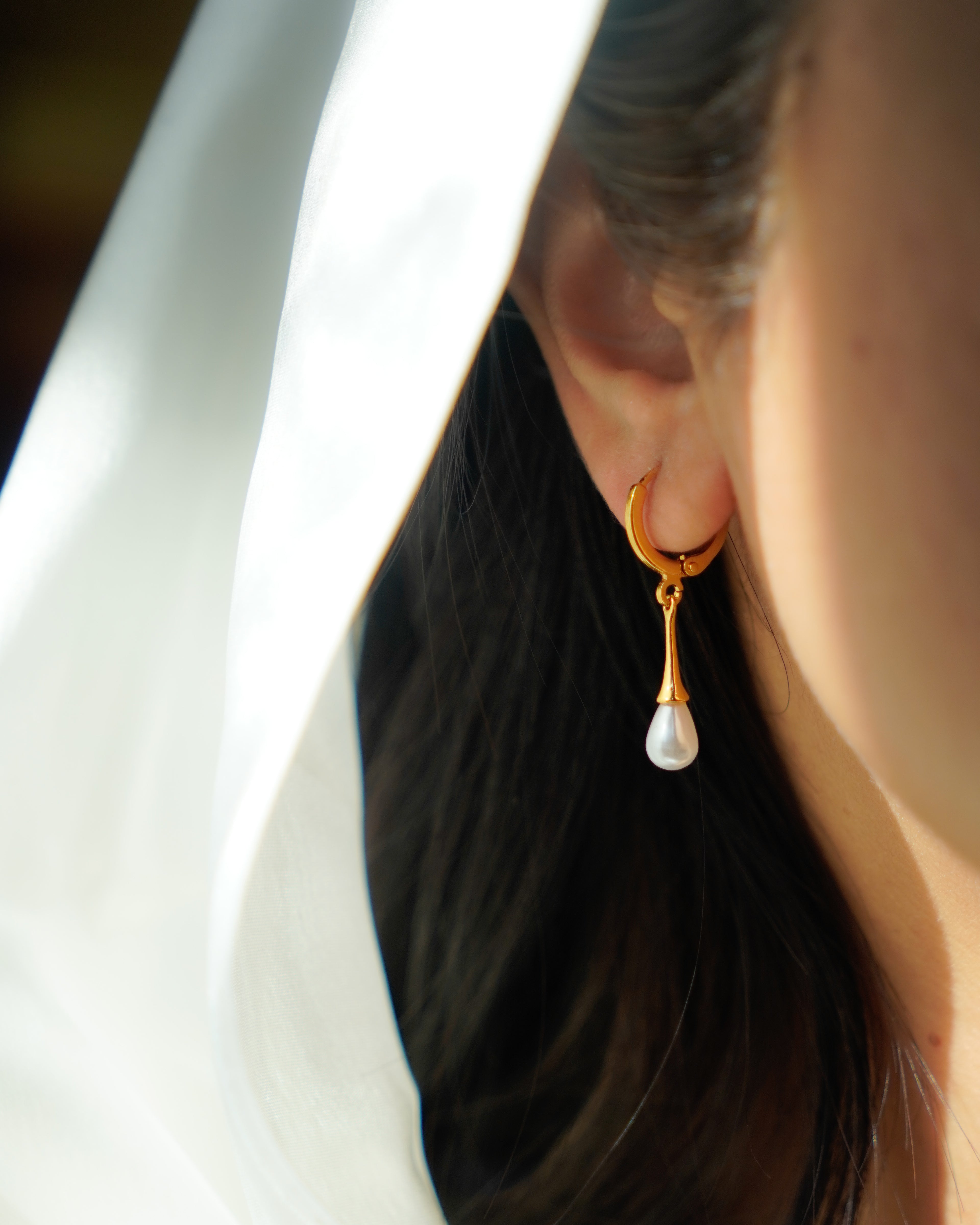 FLORA-Gold Pearl Drop Earrings for Women | Elegant Dangle Earrings | Minimal Hoop with Pearl