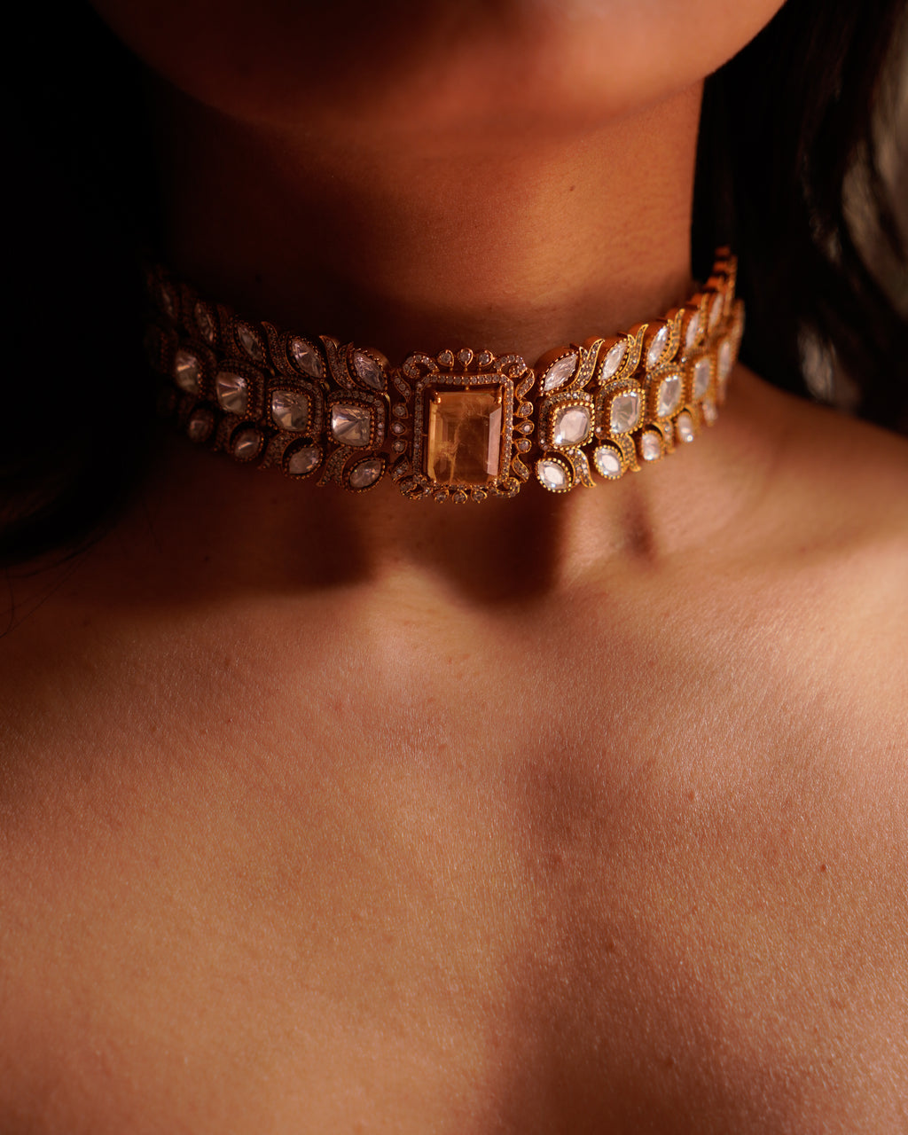 ROOP- Gold-Plated Gemstone Choker Set with Matching Earrings