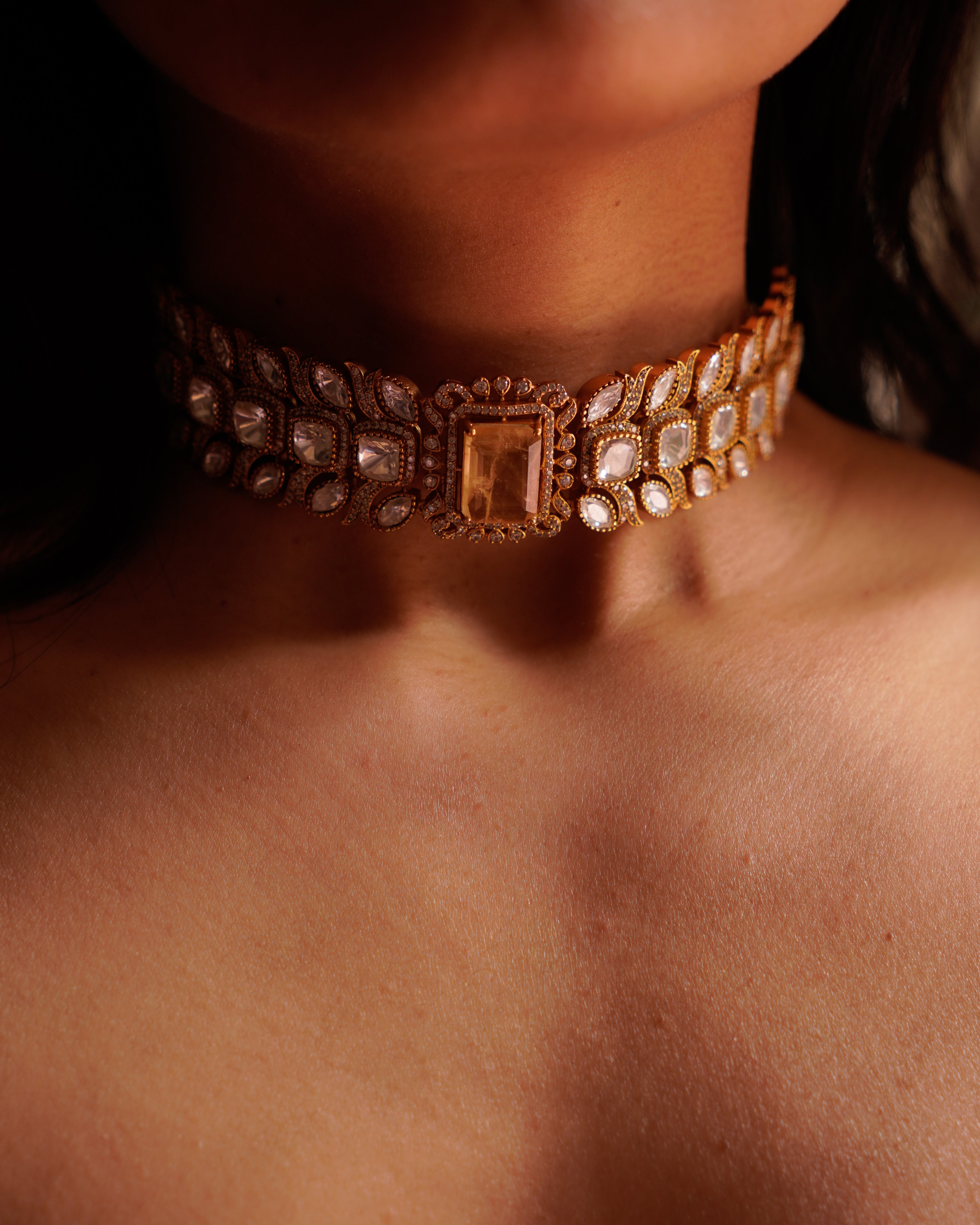 ROOP- Gold-Plated Gemstone Choker Set with Matching Earrings