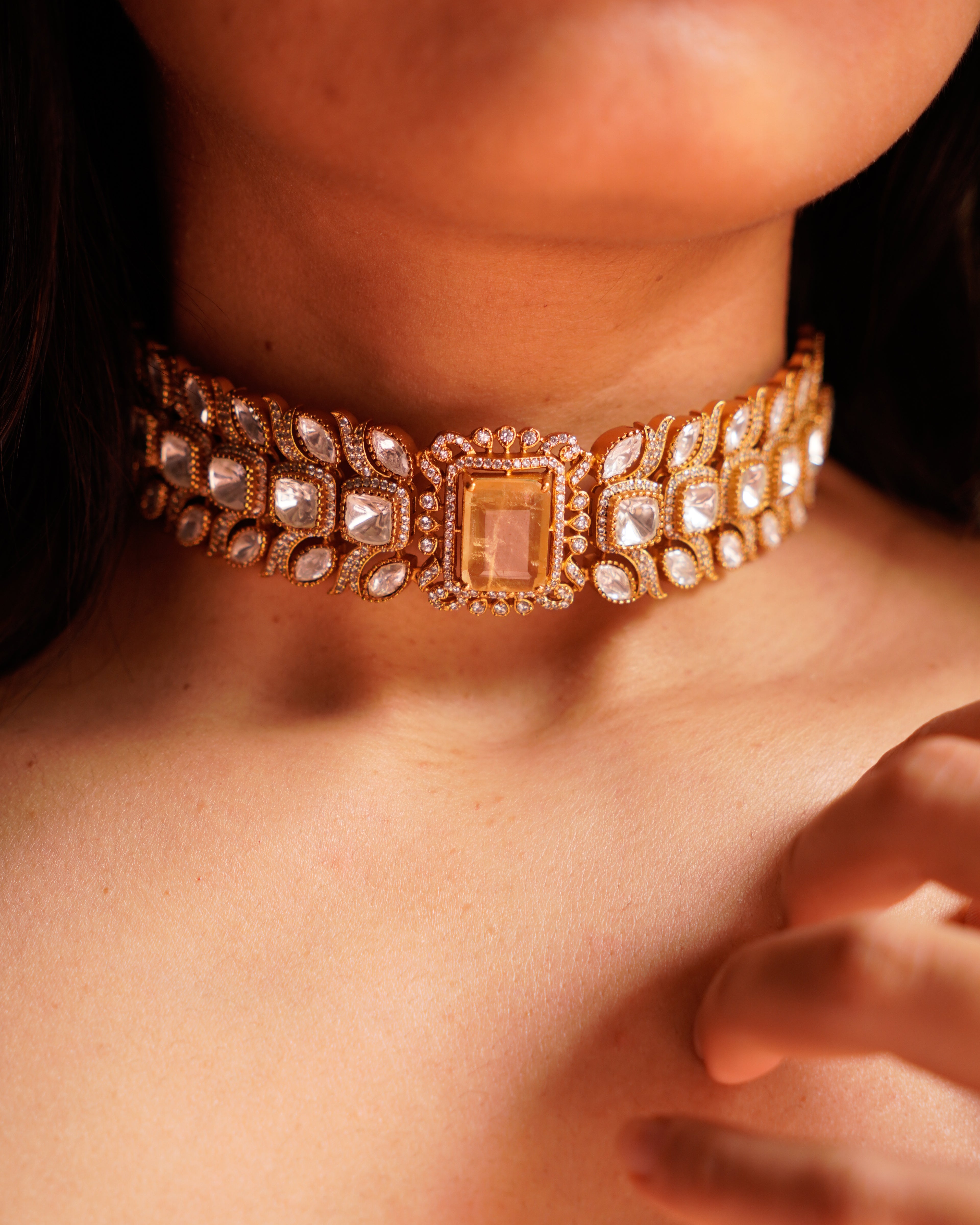 ROOP- Gold-Plated Gemstone Choker Set with Matching Earrings