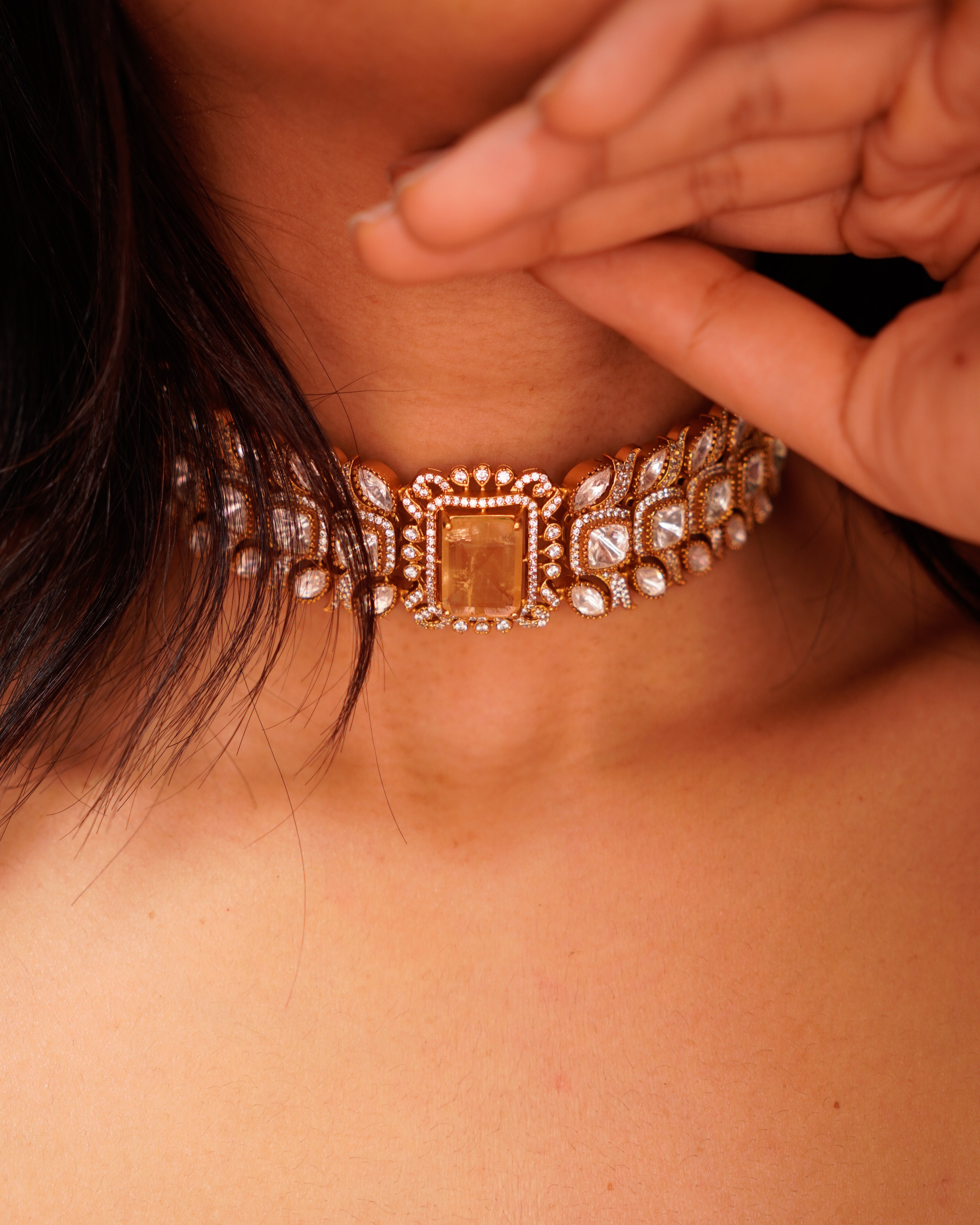 ROOP- Gold-Plated Gemstone Choker Set with Matching Earrings