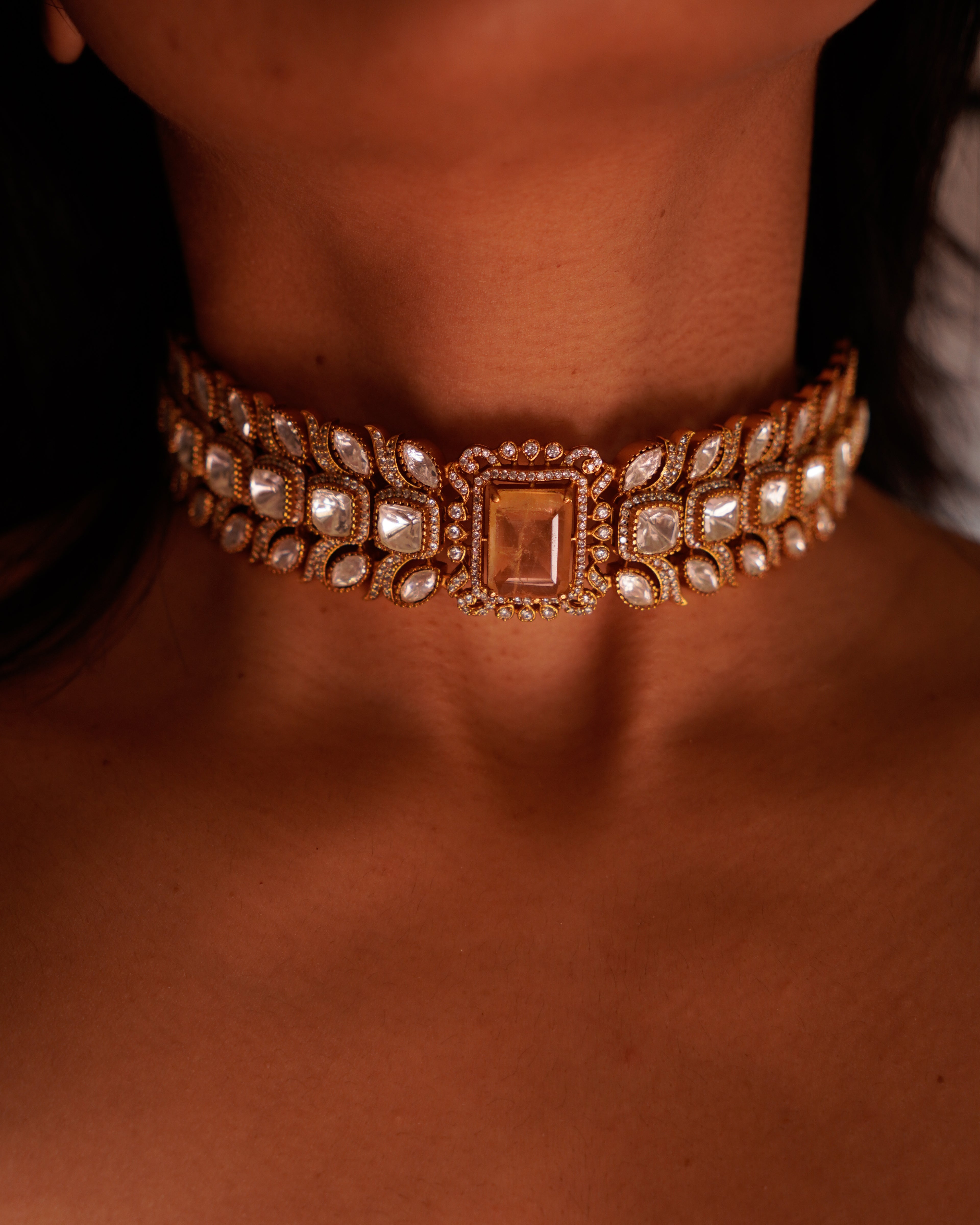 ROOP- Gold-Plated Gemstone Choker Set with Matching Earrings