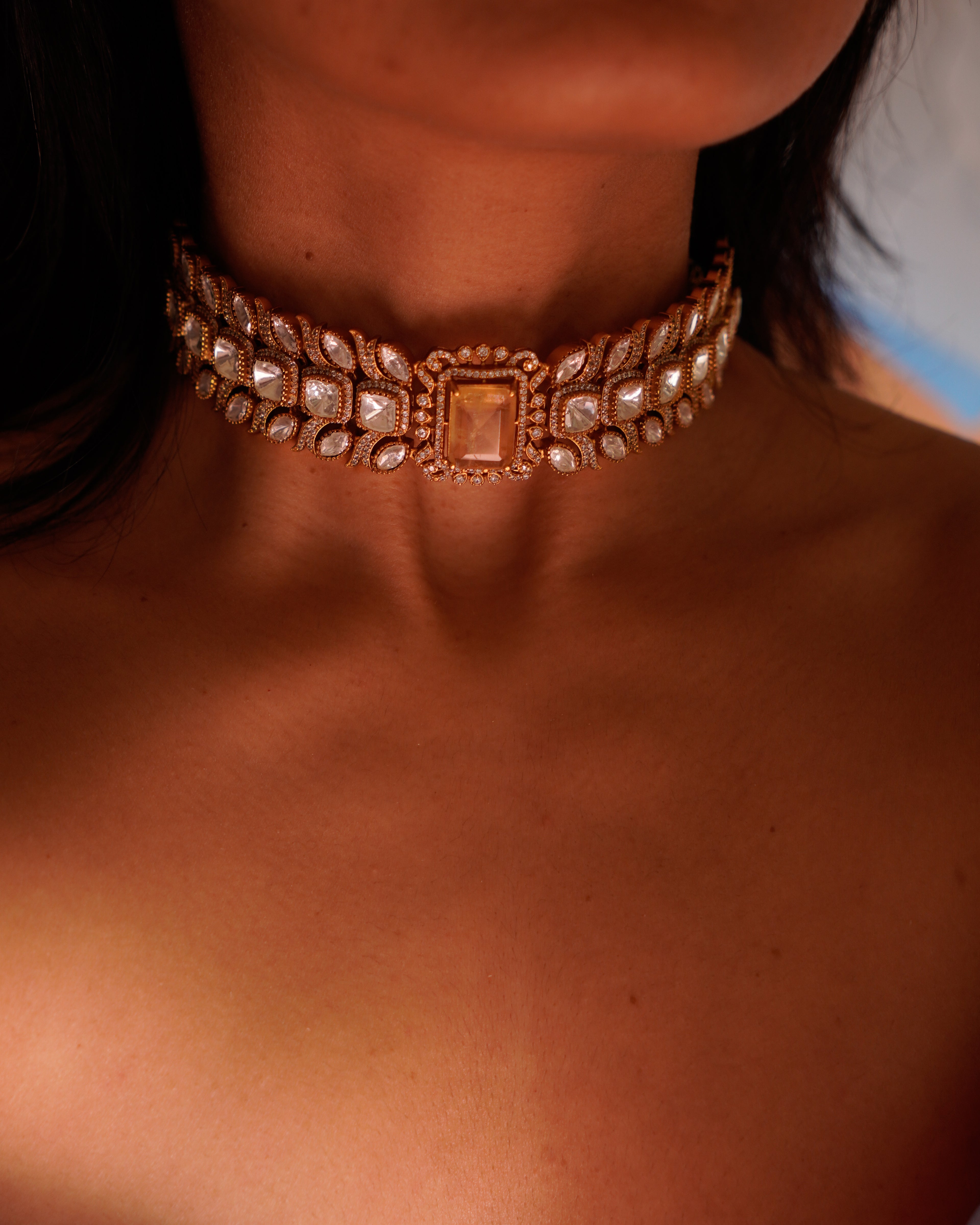 ROOP- Gold-Plated Gemstone Choker Set with Matching Earrings