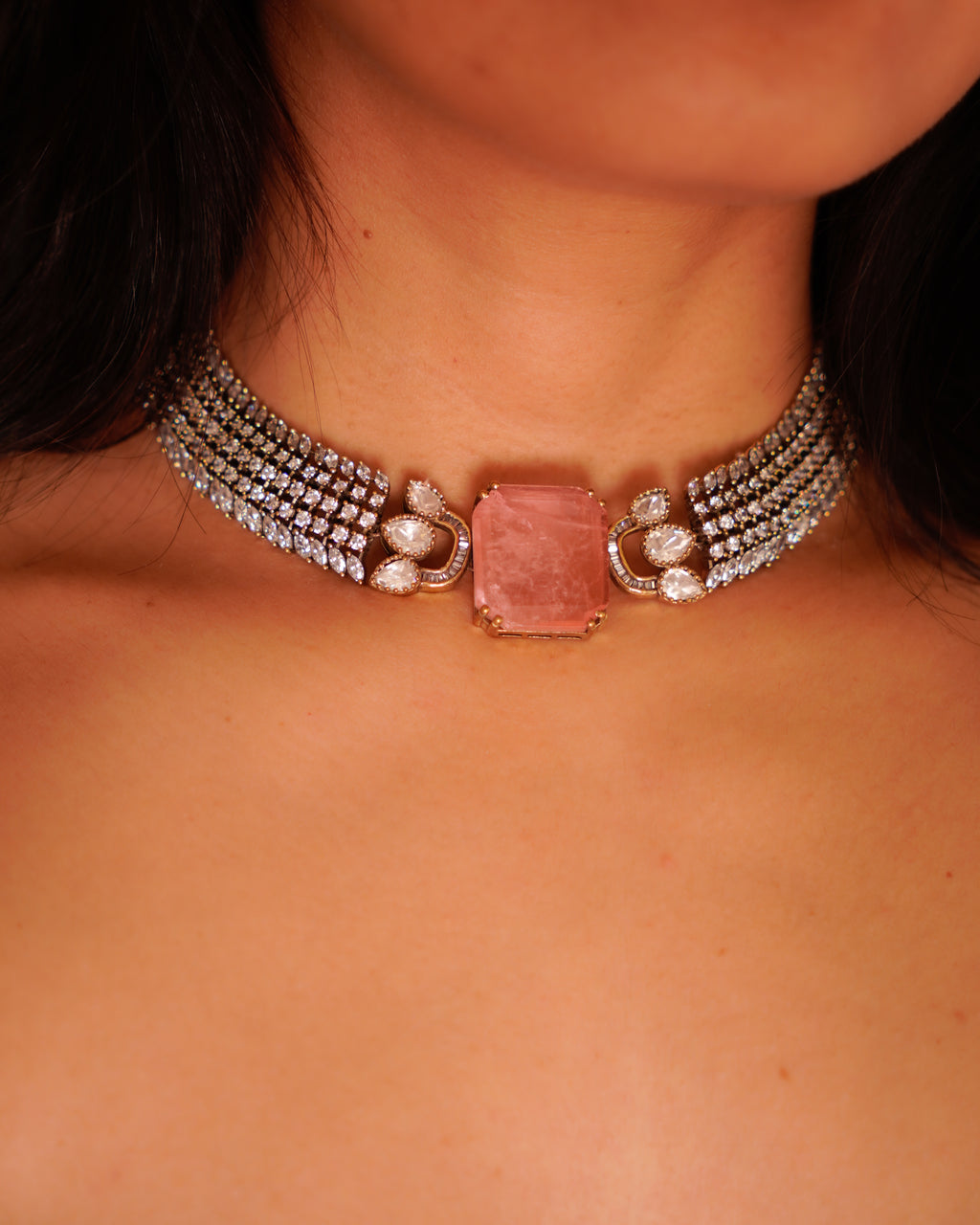 ZIKHIN- Pink & Diamond Choker Necklace Set
