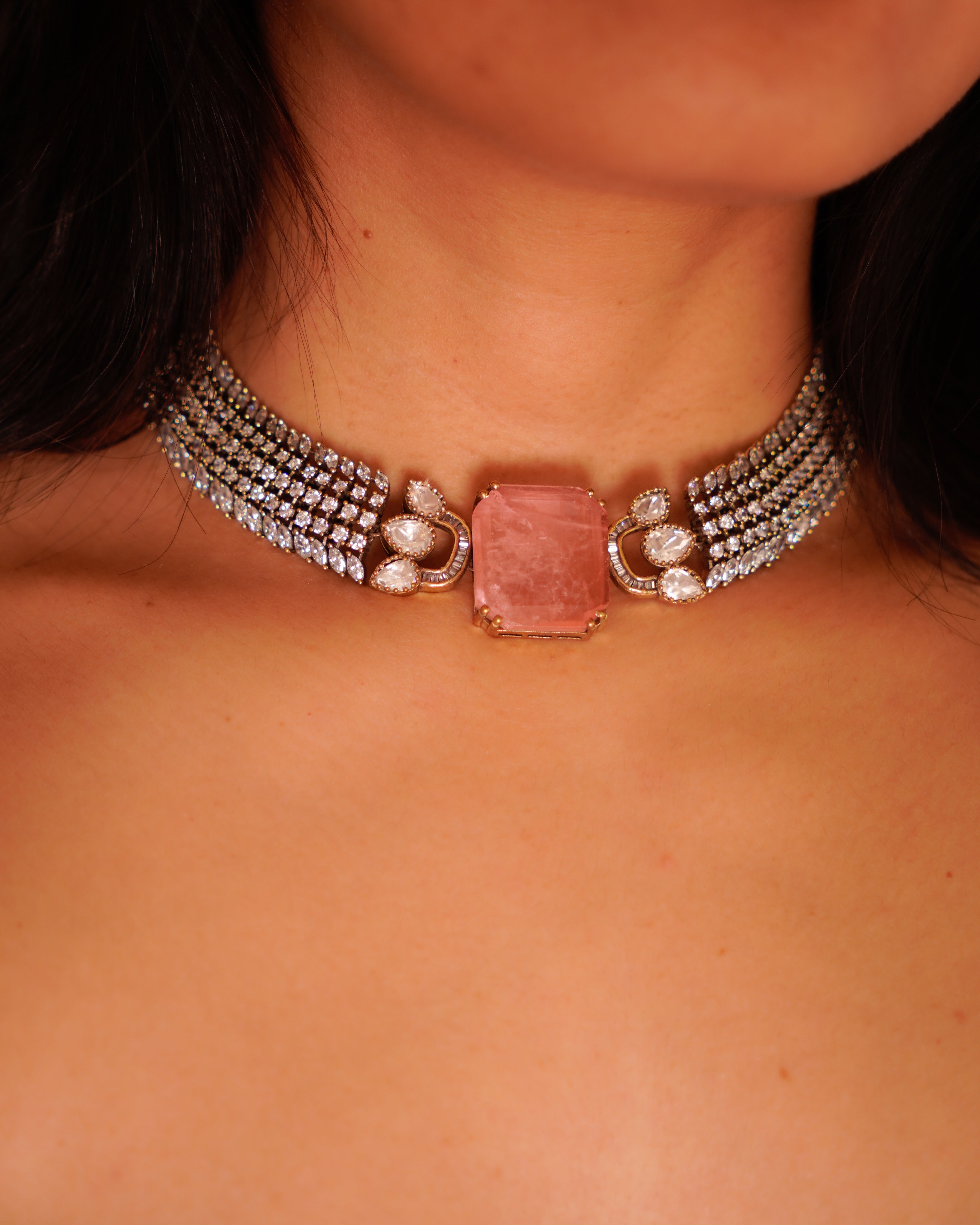 ZIKHIN- Pink & Diamond Choker Necklace Set