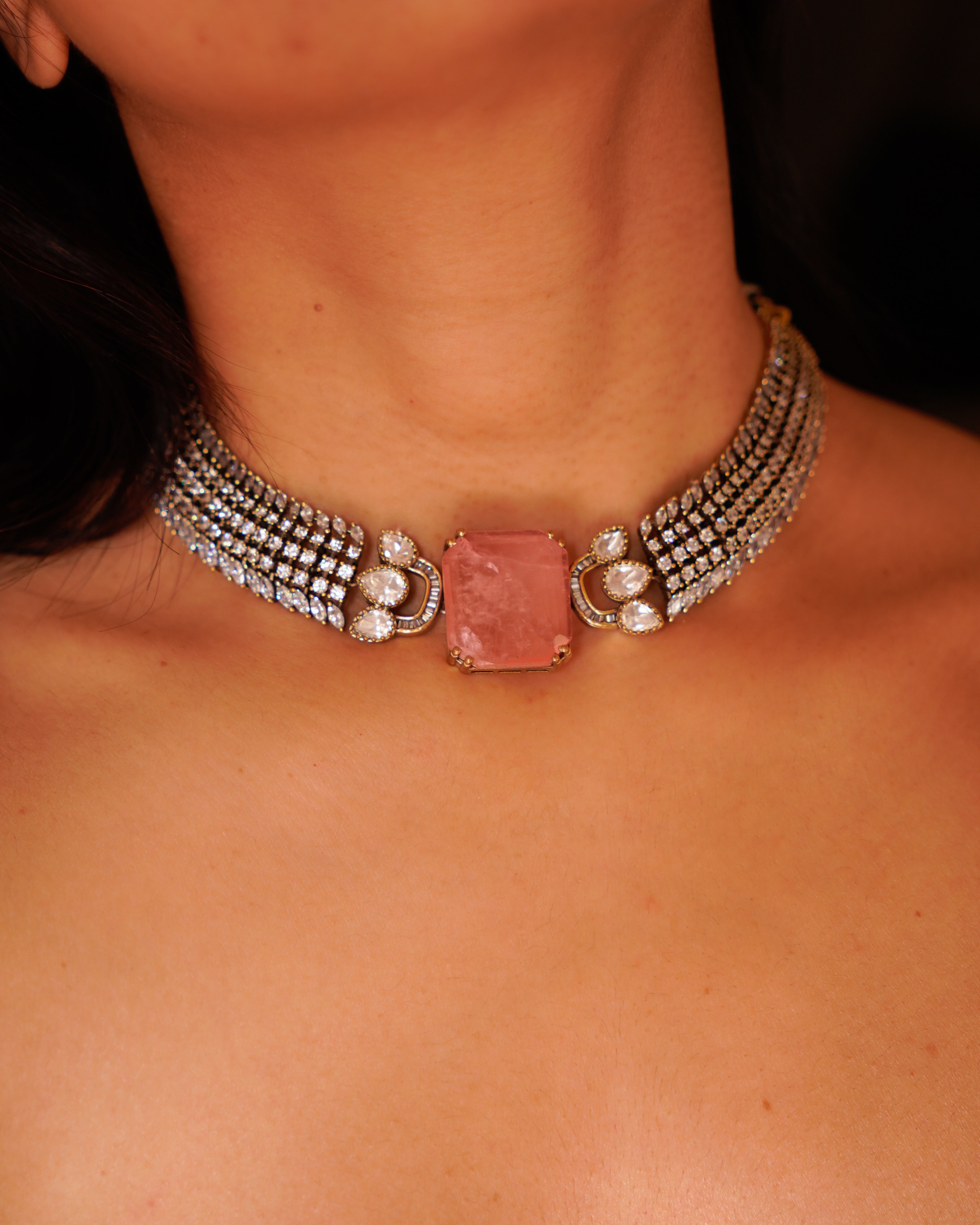 ZIKHIN- Pink & Diamond Choker Necklace Set