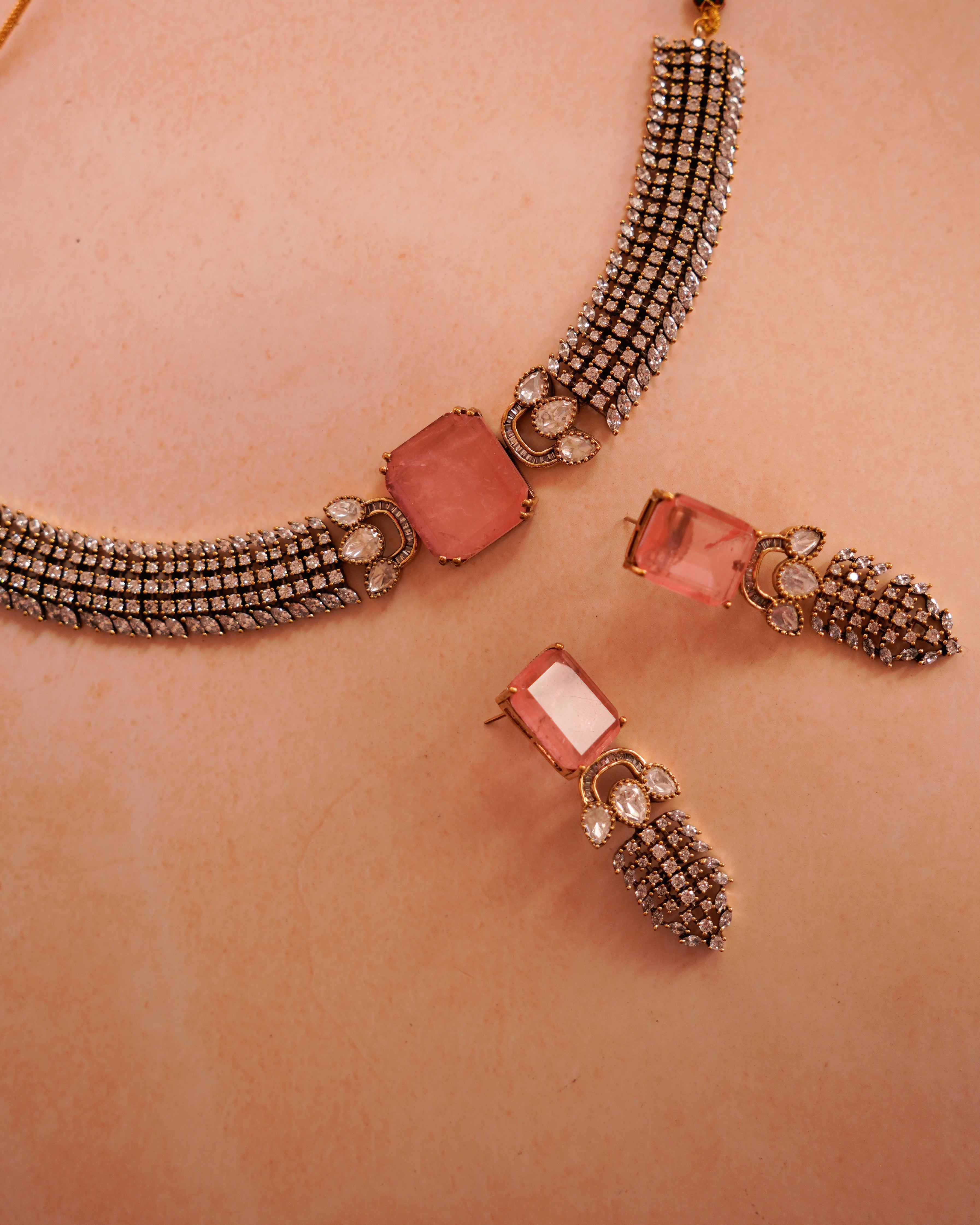ZIKHIN- Pink & Diamond Choker Necklace Set