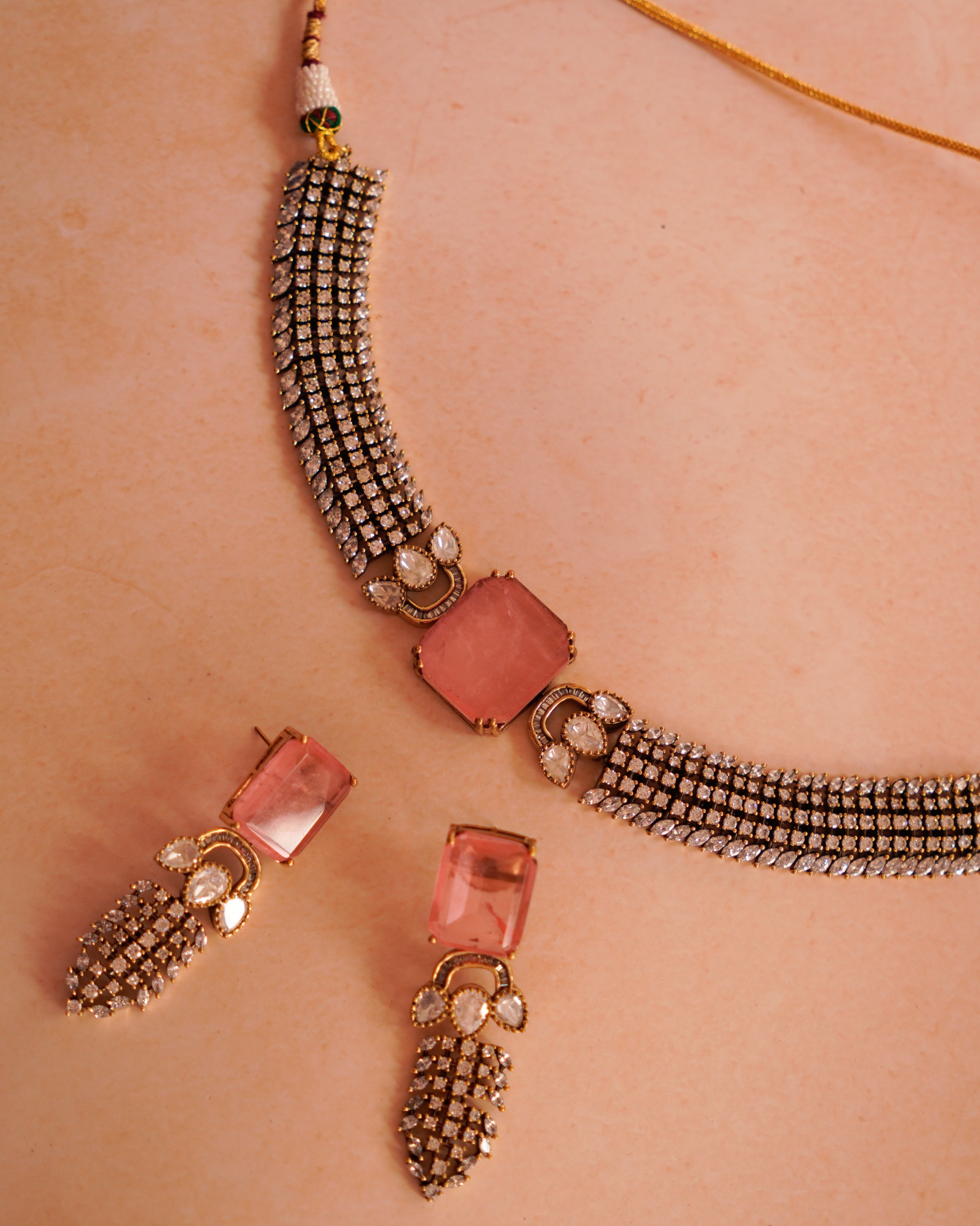 ZIKHIN- Pink & Diamond Choker Necklace Set