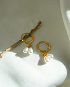 FLORA-Gold Double Pearl Drop Hoop Earrings for Women | Minimal Dangle Earrings