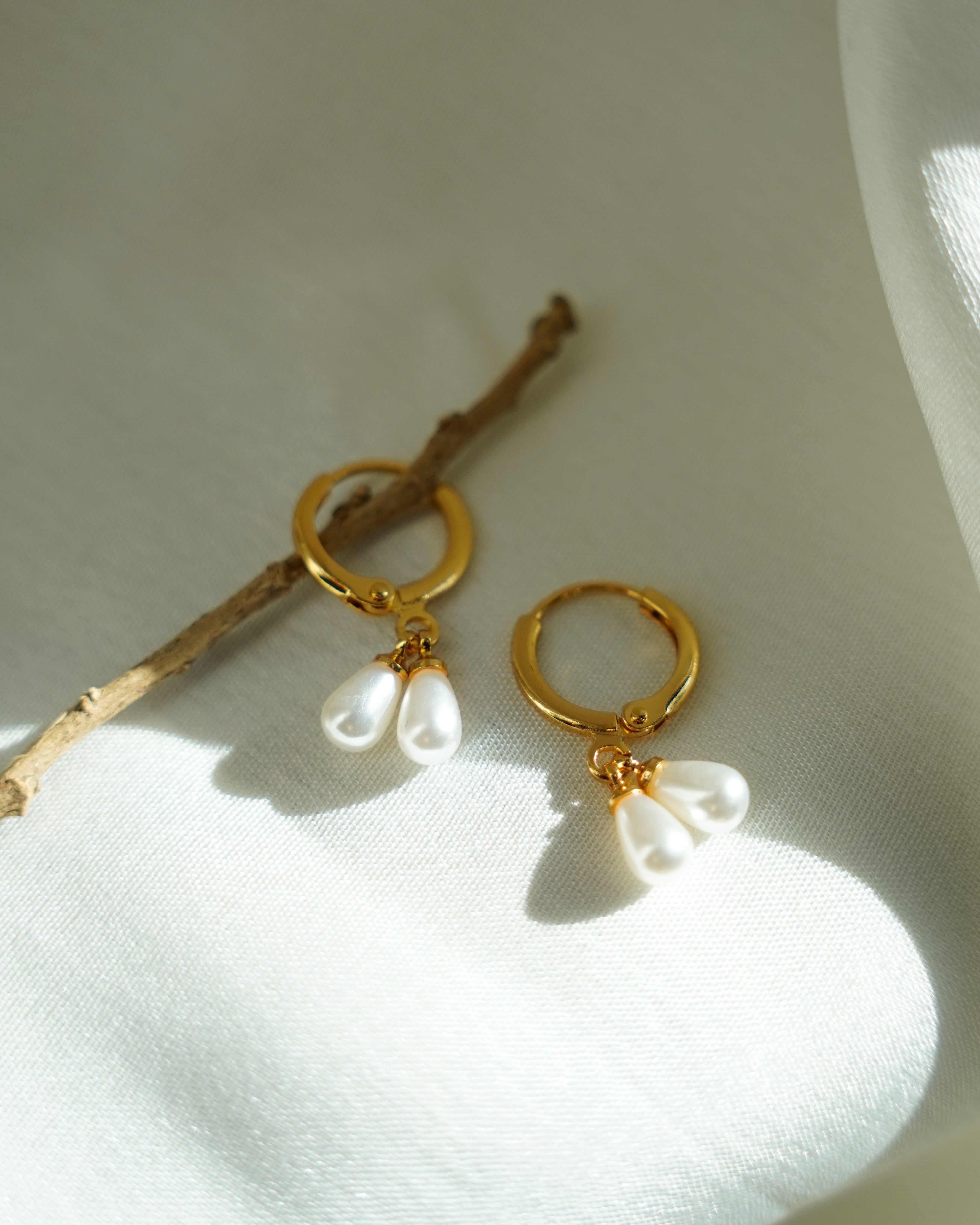 FLORA-Gold Double Pearl Drop Hoop Earrings for Women | Minimal Dangle Earrings