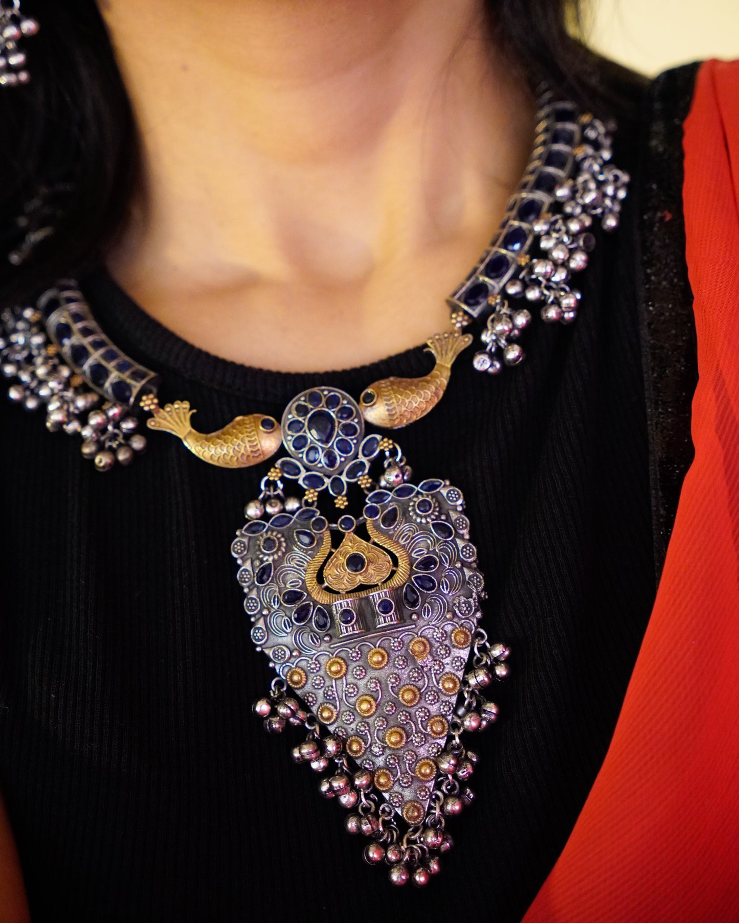 Anassa-Dual Tone Banjara Ghungroo Flower Long Necklace Set