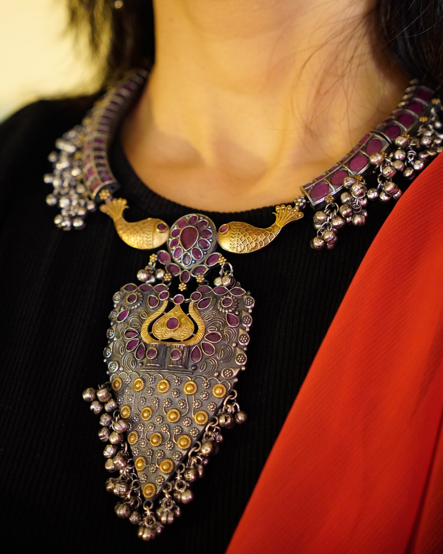 Anassa-Dual Tone Banjara Ghungroo Flower Long Necklace Set
