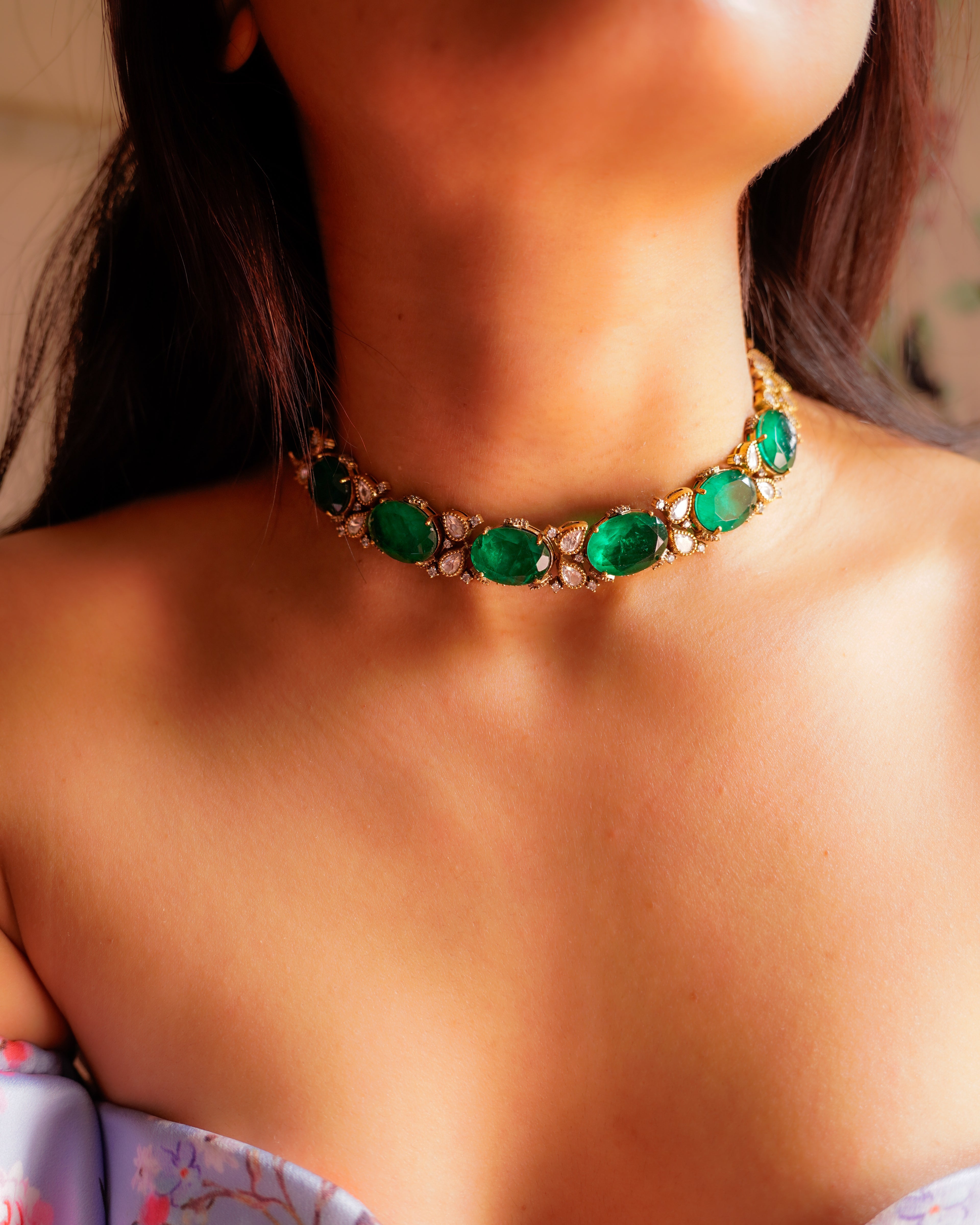 ZIKHIN- Emerald Stone Inspired Beautiful Glam Necklace Set