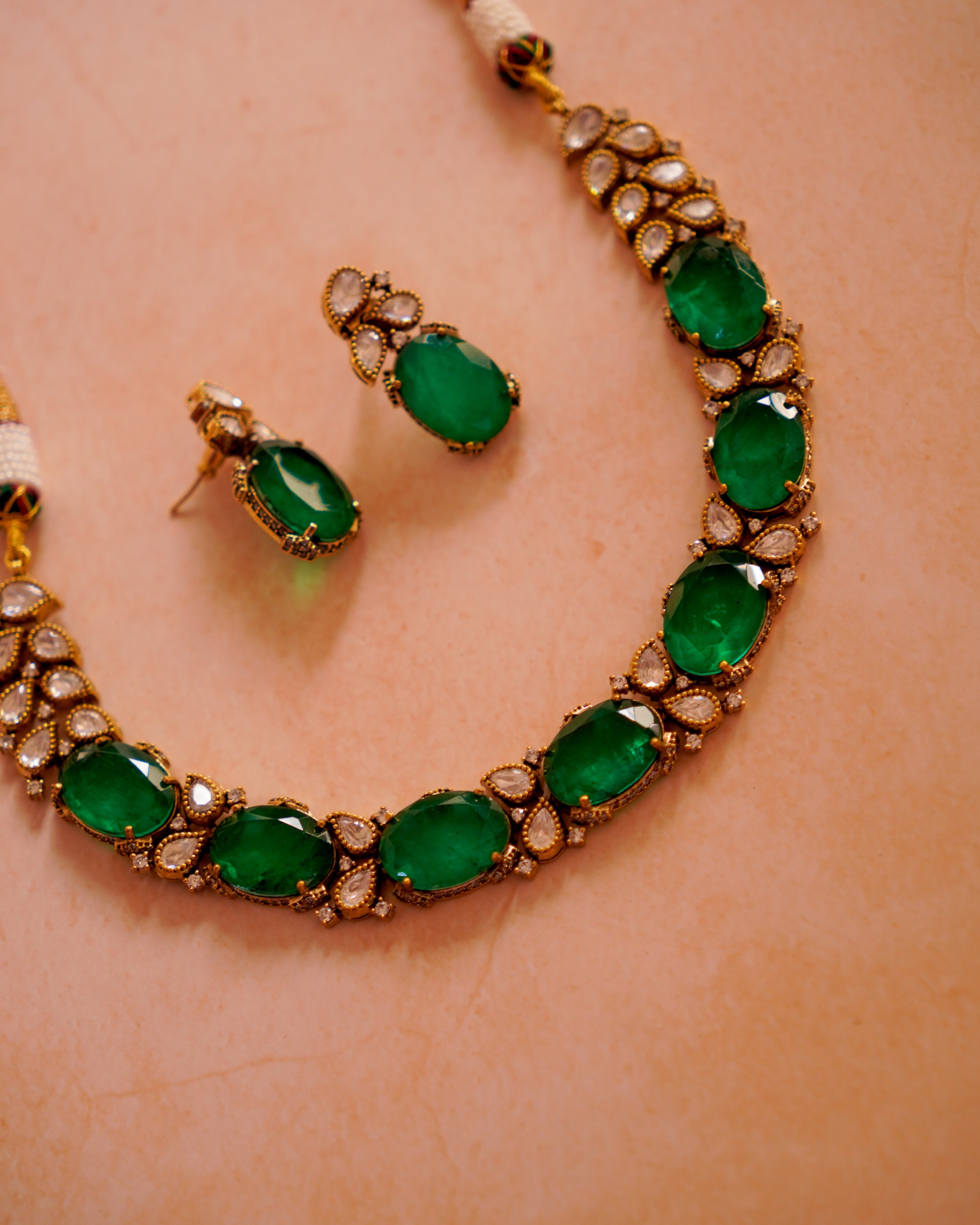 ZIKHIN- Emerald Stone Inspired Beautiful Glam Necklace Set
