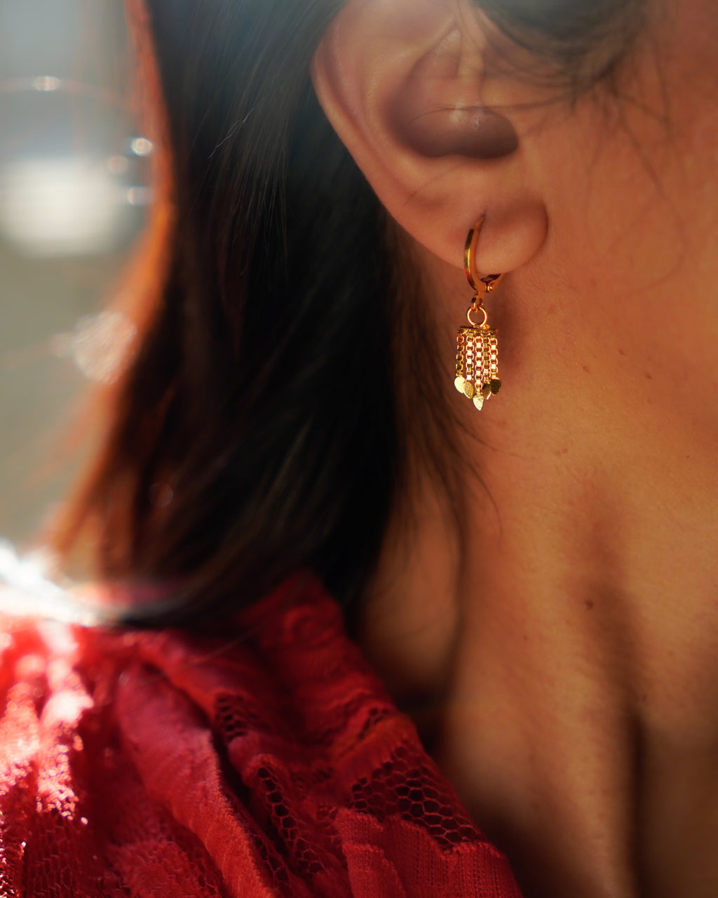 FLORA- Gold Hoop Earrings with Textured Dangle Charms | Minimal Statement Earrings