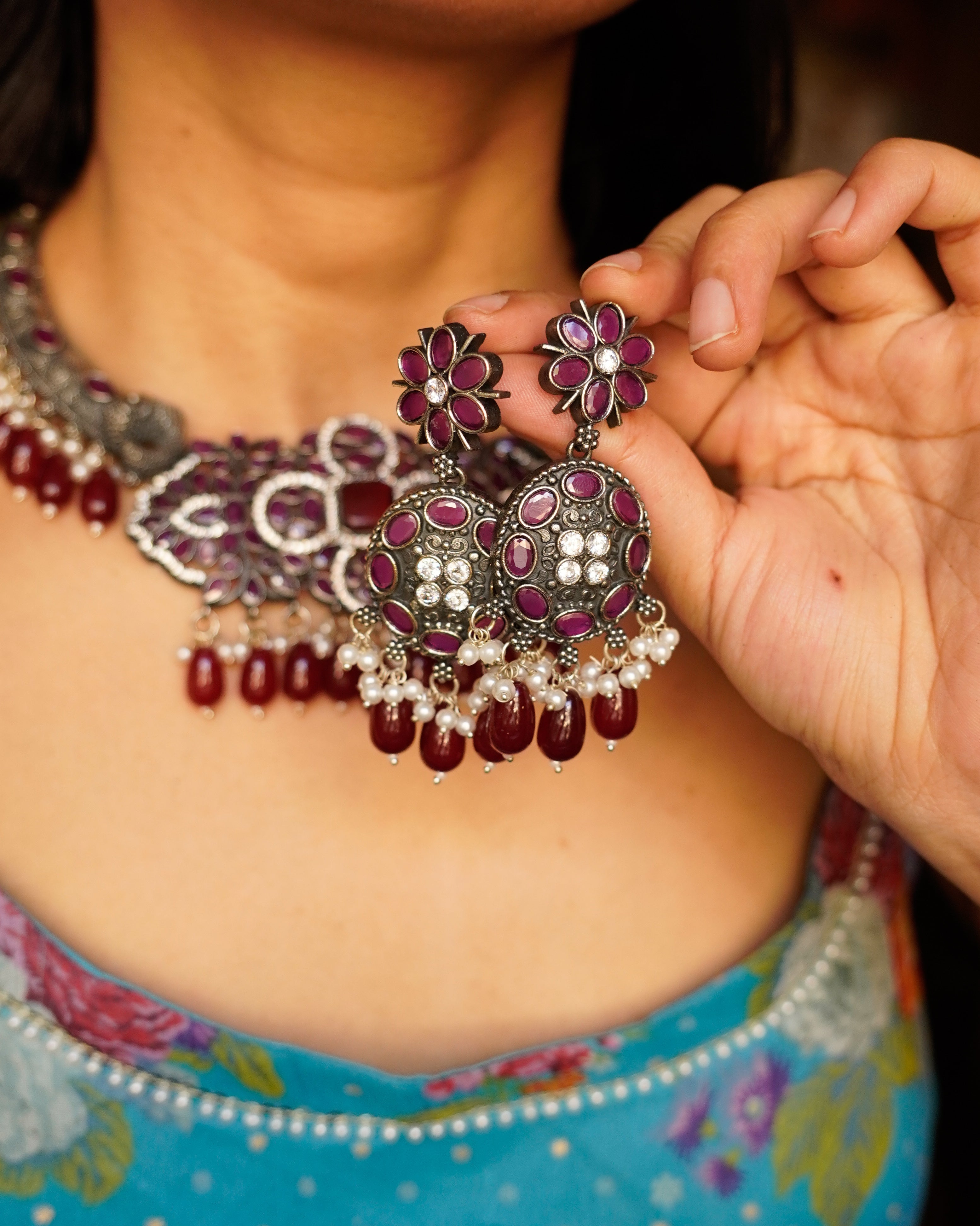 Anassa -Maroon Stone Moti Flower Necklace Set