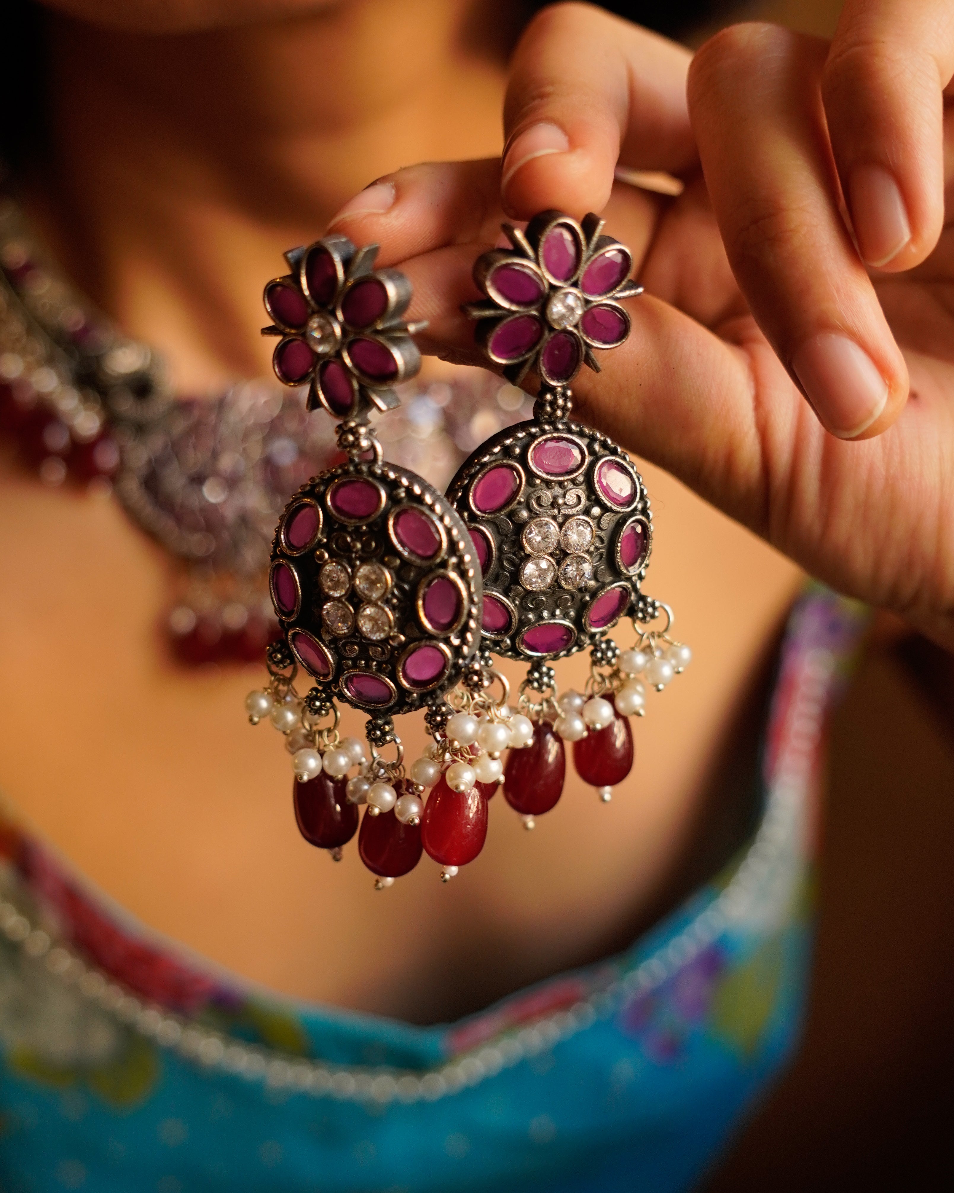 Anassa -Maroon Stone Moti Flower Necklace Set
