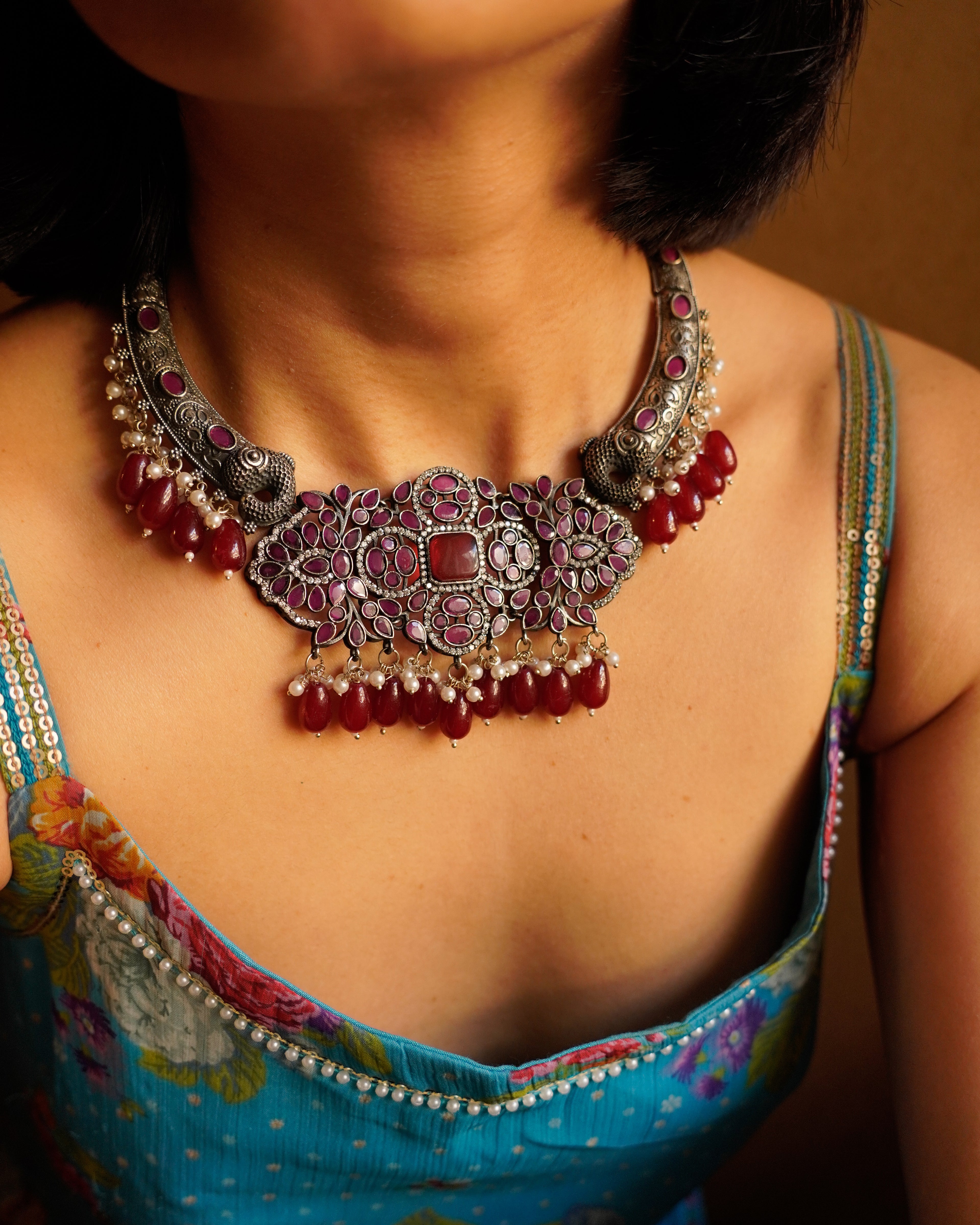 Anassa -Maroon Stone Moti Flower Necklace Set