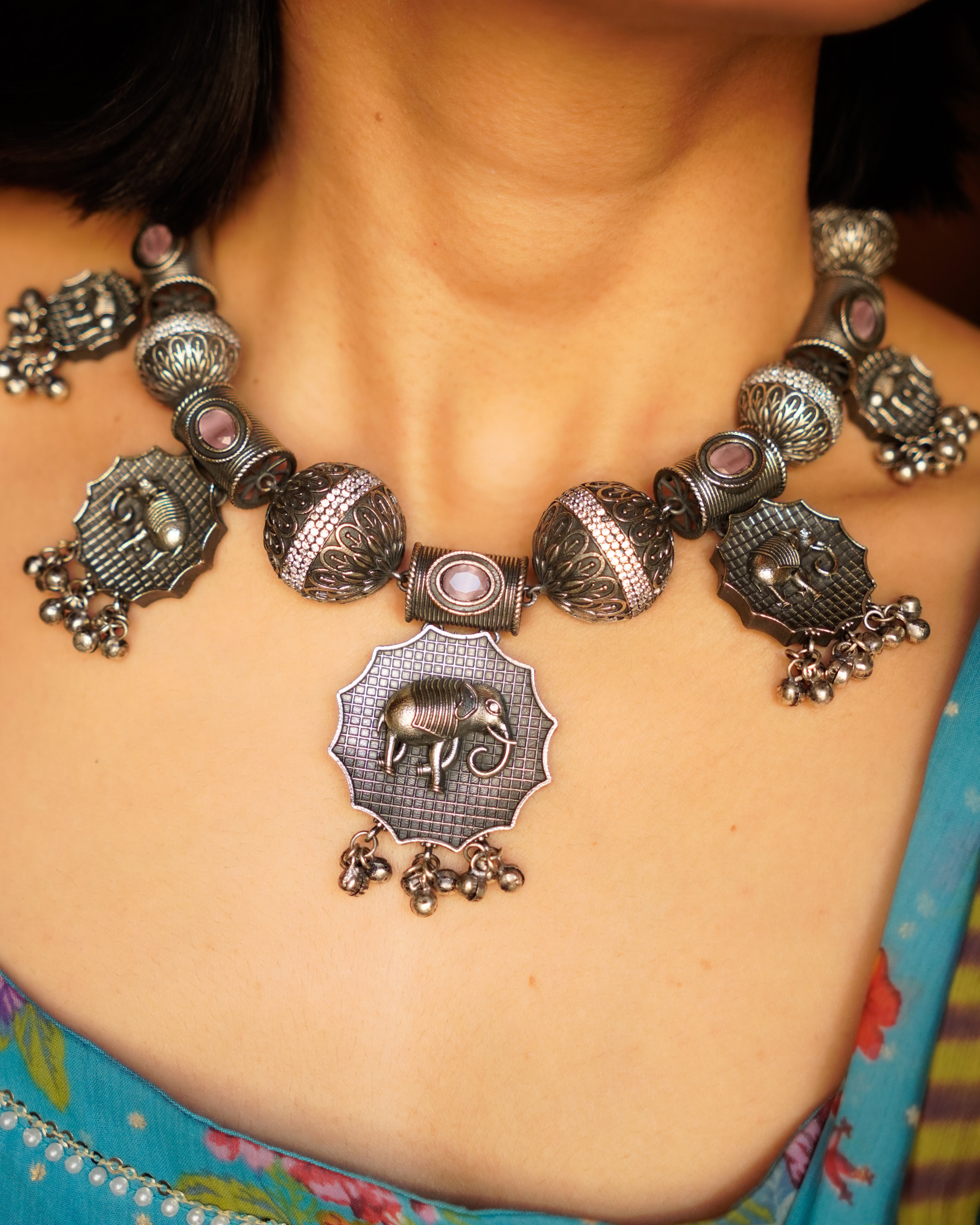 Anassa-Pink Colour Folk Art Necklace Set