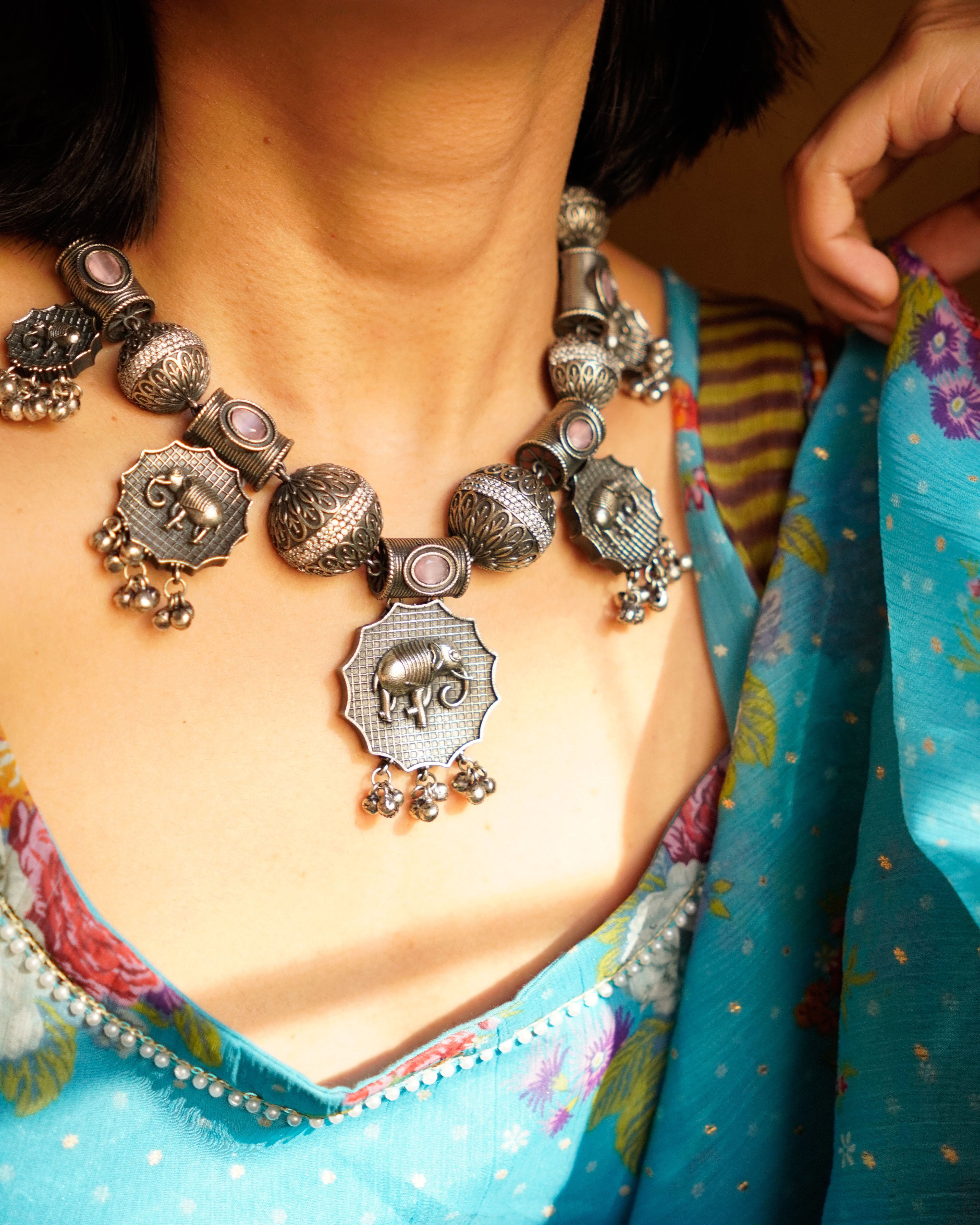 Anassa-Pink Colour Folk Art Necklace Set