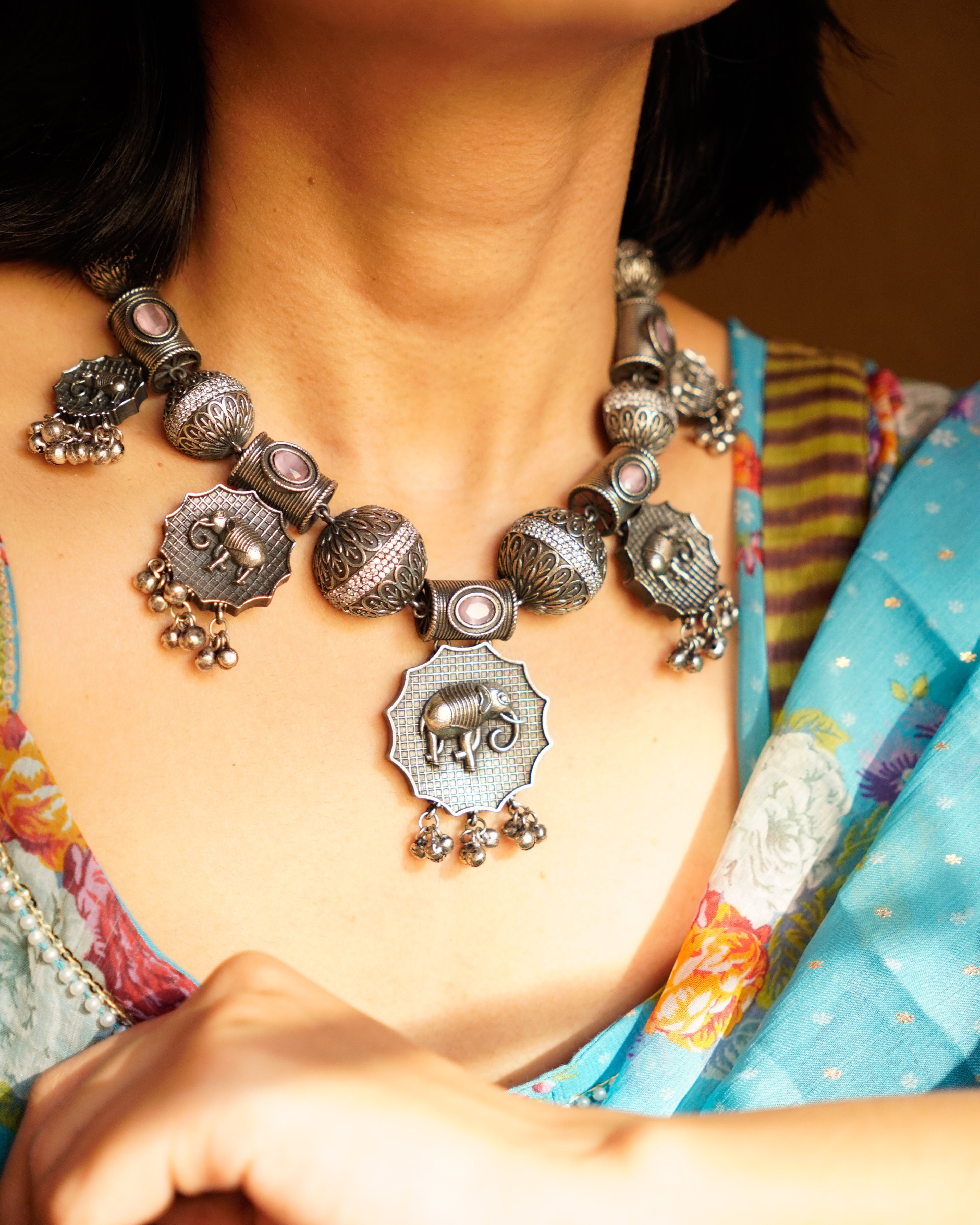 Anassa-Pink Colour Folk Art Necklace Set