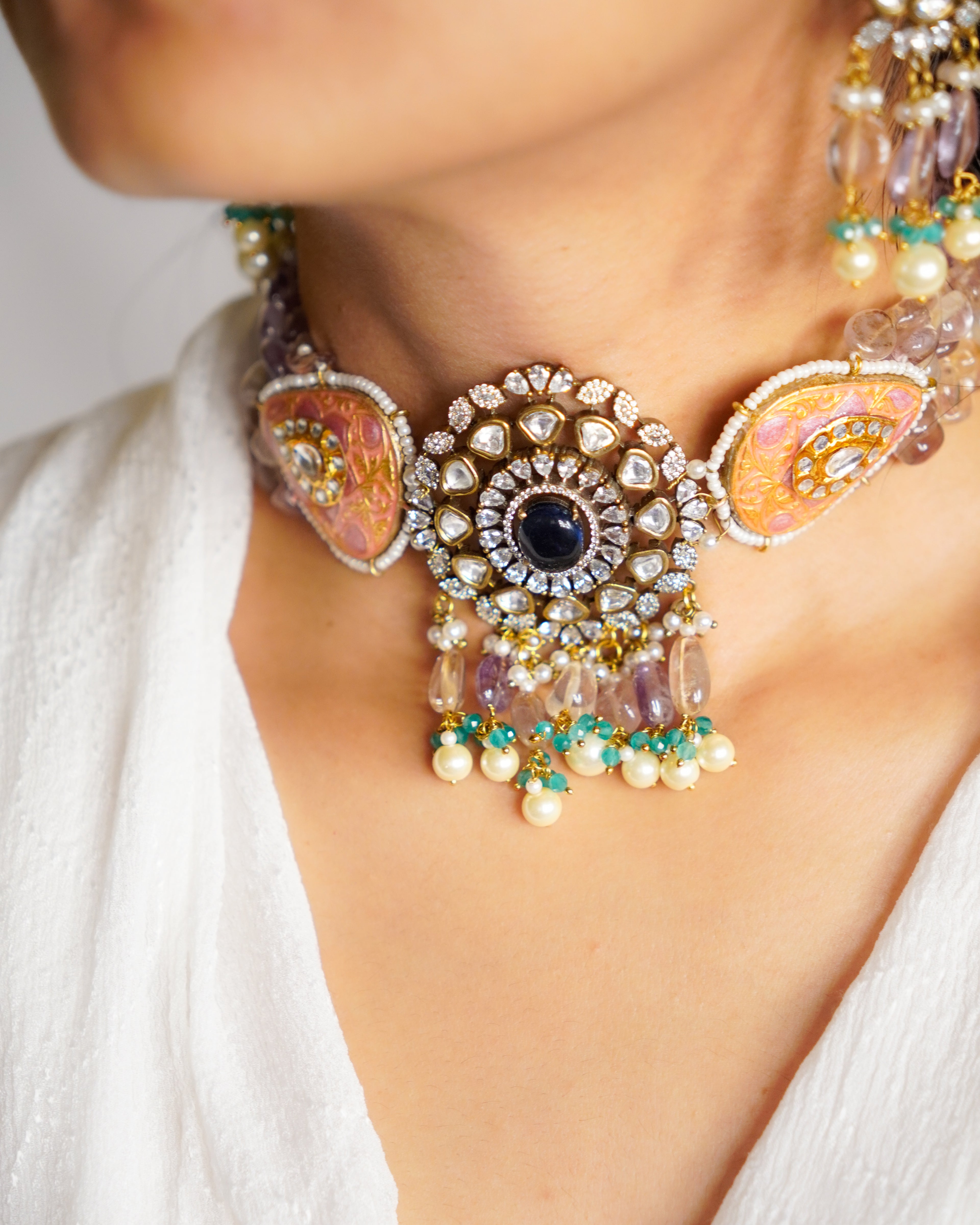ZIKHIN- Radiant Elegance Kundan Choker Set with Stunning Red Quartz