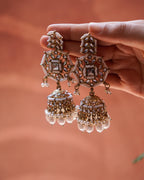 Antique Gold Tone Kundan & Pearls Jhumka Earrings