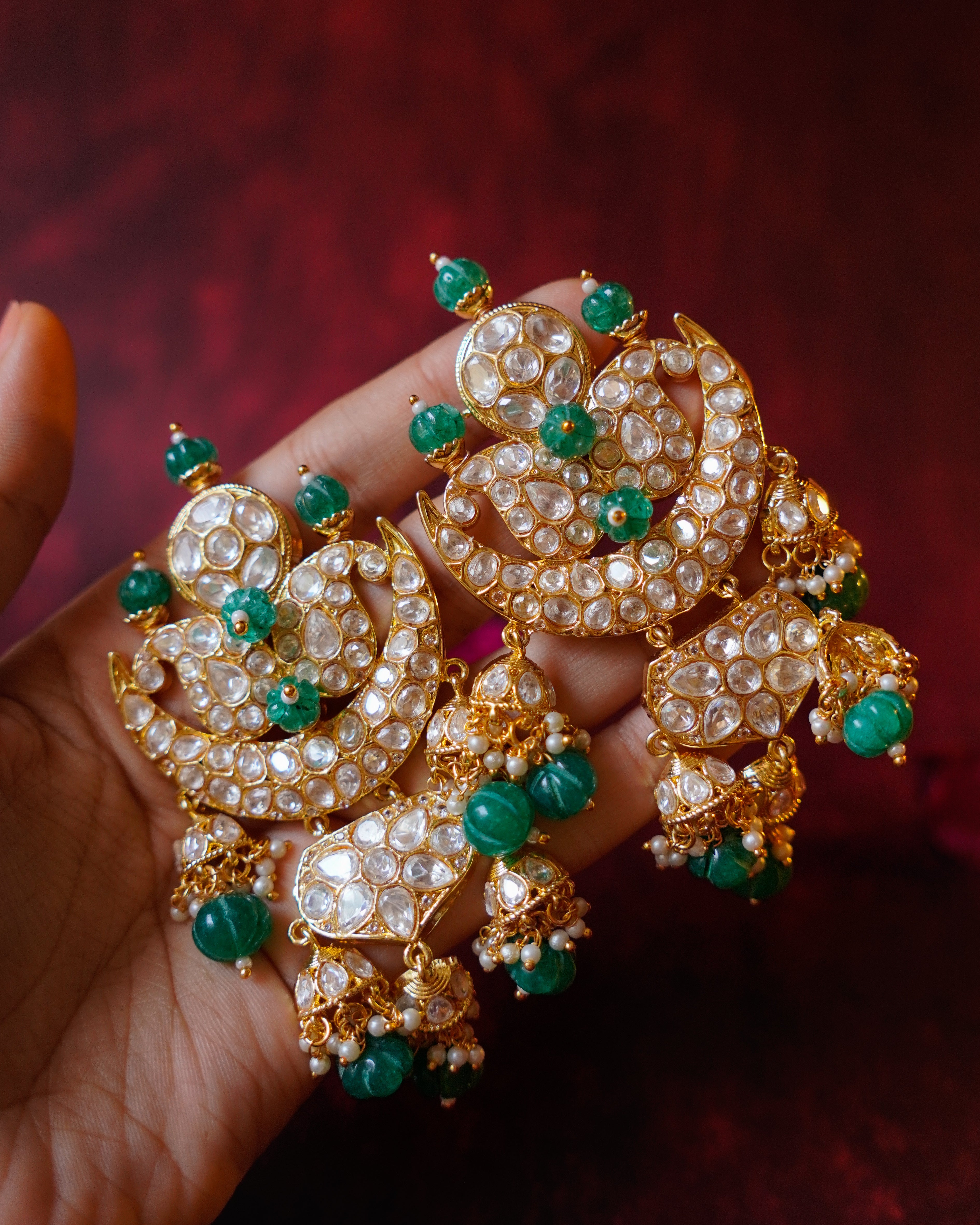 ROOP- Crescent Moon Gold & Emerald Chandbali Earrings