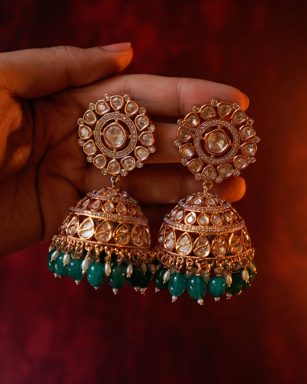 ROOP -Regal Gold & Emerald Jhumka Earrings