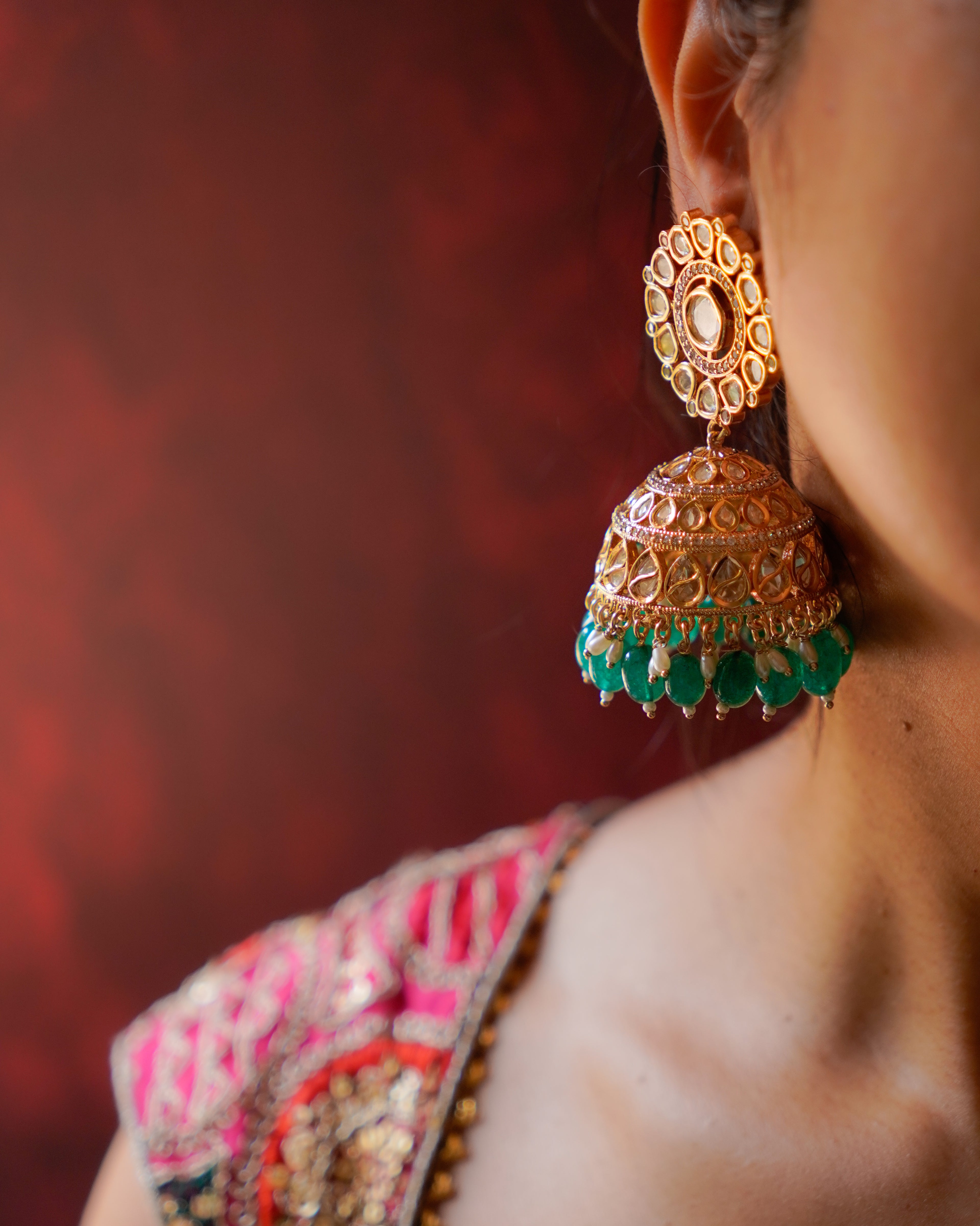 ROOP -Regal Gold & Emerald Jhumka Earrings