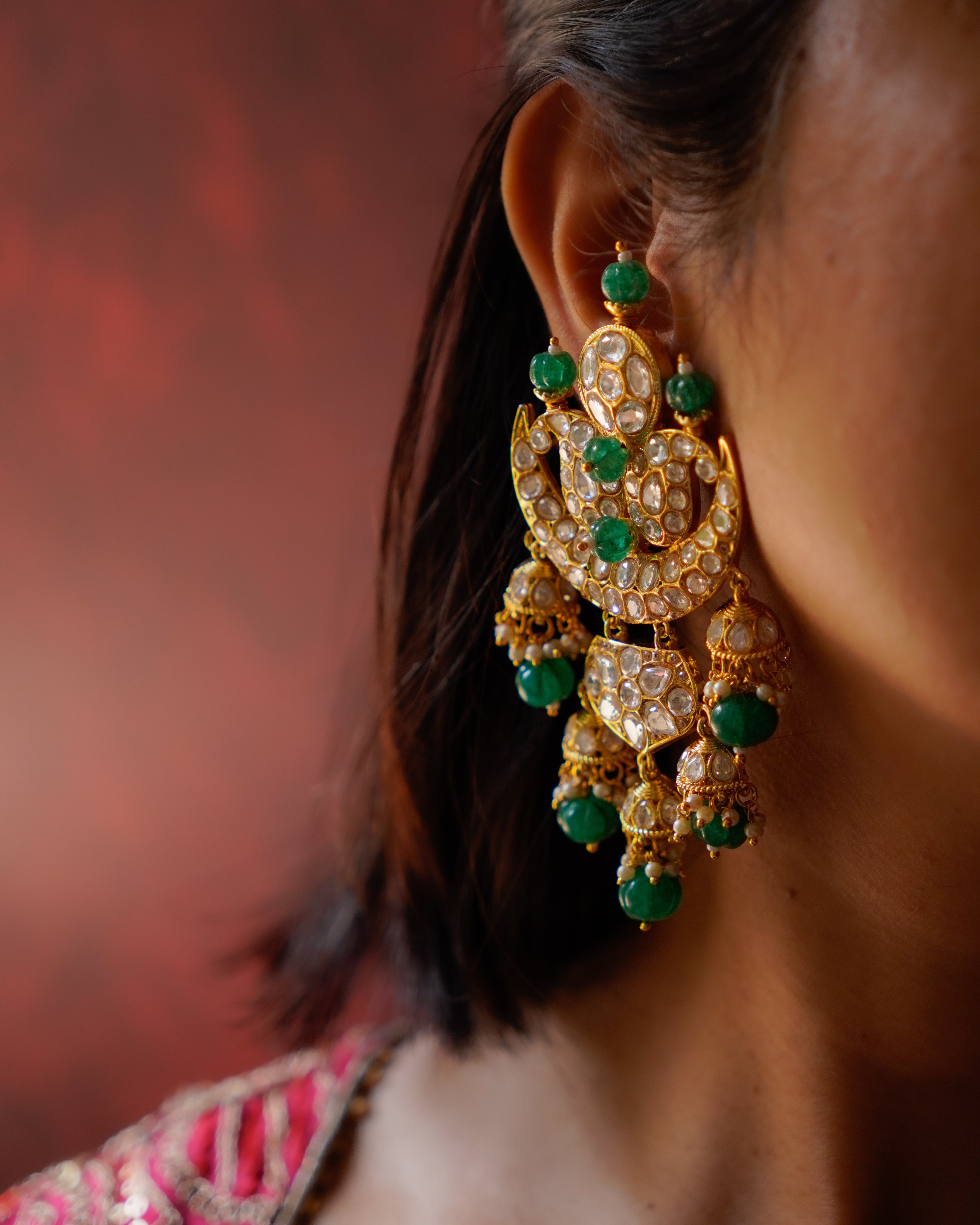 ROOP- Crescent Moon Gold & Emerald Chandbali Earrings