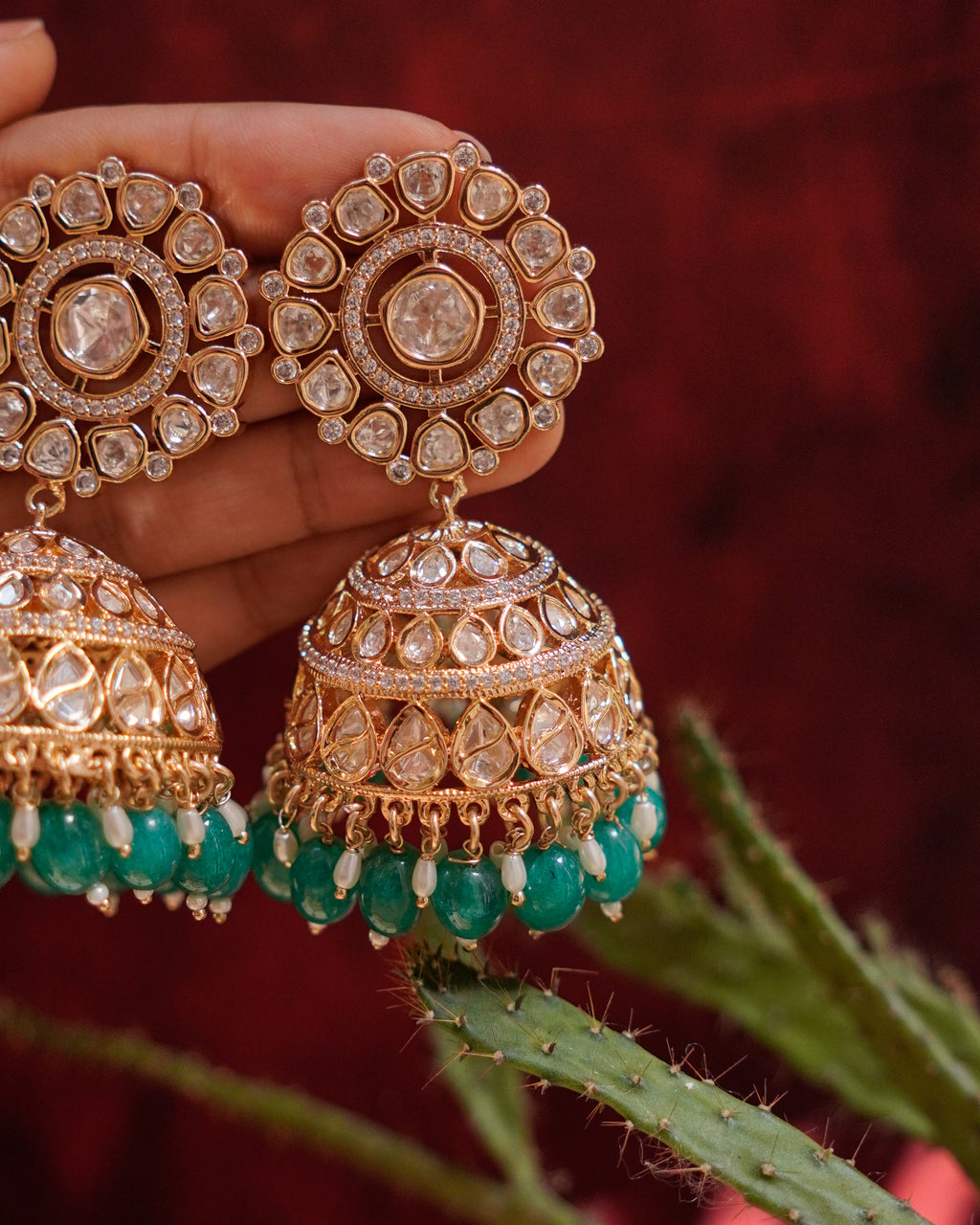 ROOP -Regal Gold & Emerald Jhumka Earrings