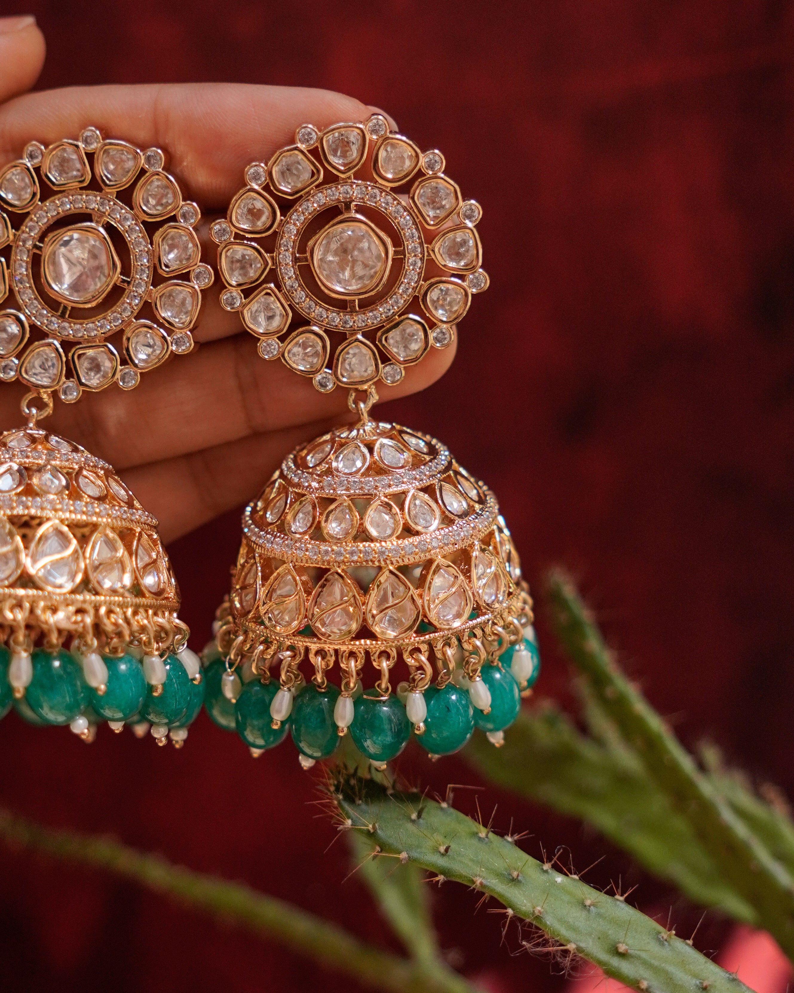 ROOP -Regal Gold & Emerald Jhumka Earrings