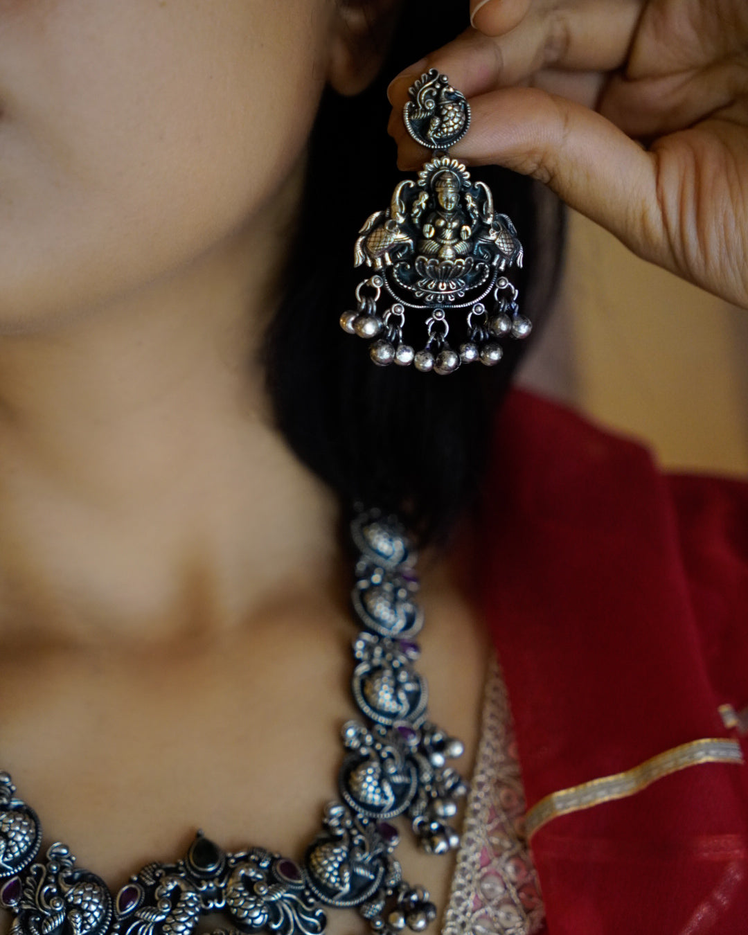 Anassa-Multi stone Goddess Laxmi Temple Necklace Set