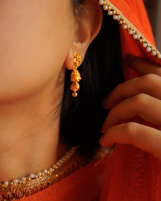 ORO- Gold Floral Double Jhumki Earrings