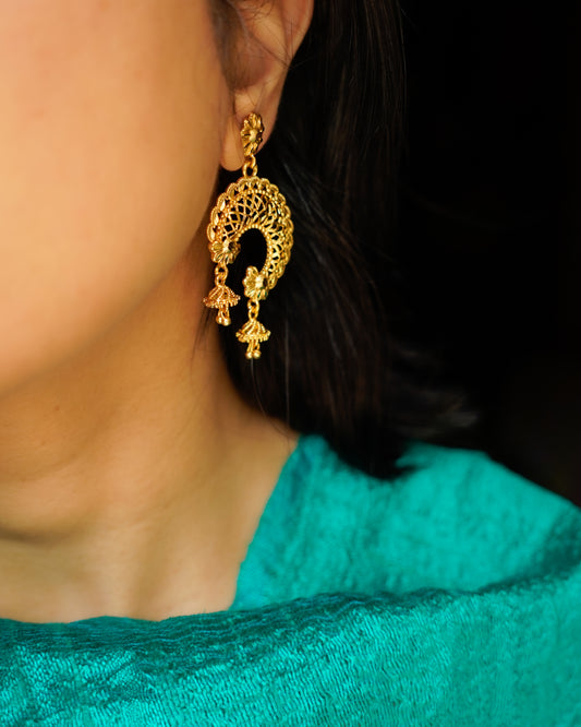 ORO-Elegant Peacock Floral Chandbali Earrings