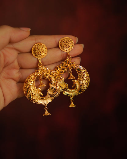 ORO-Majestic Floral Peacock Chandbali Earrings