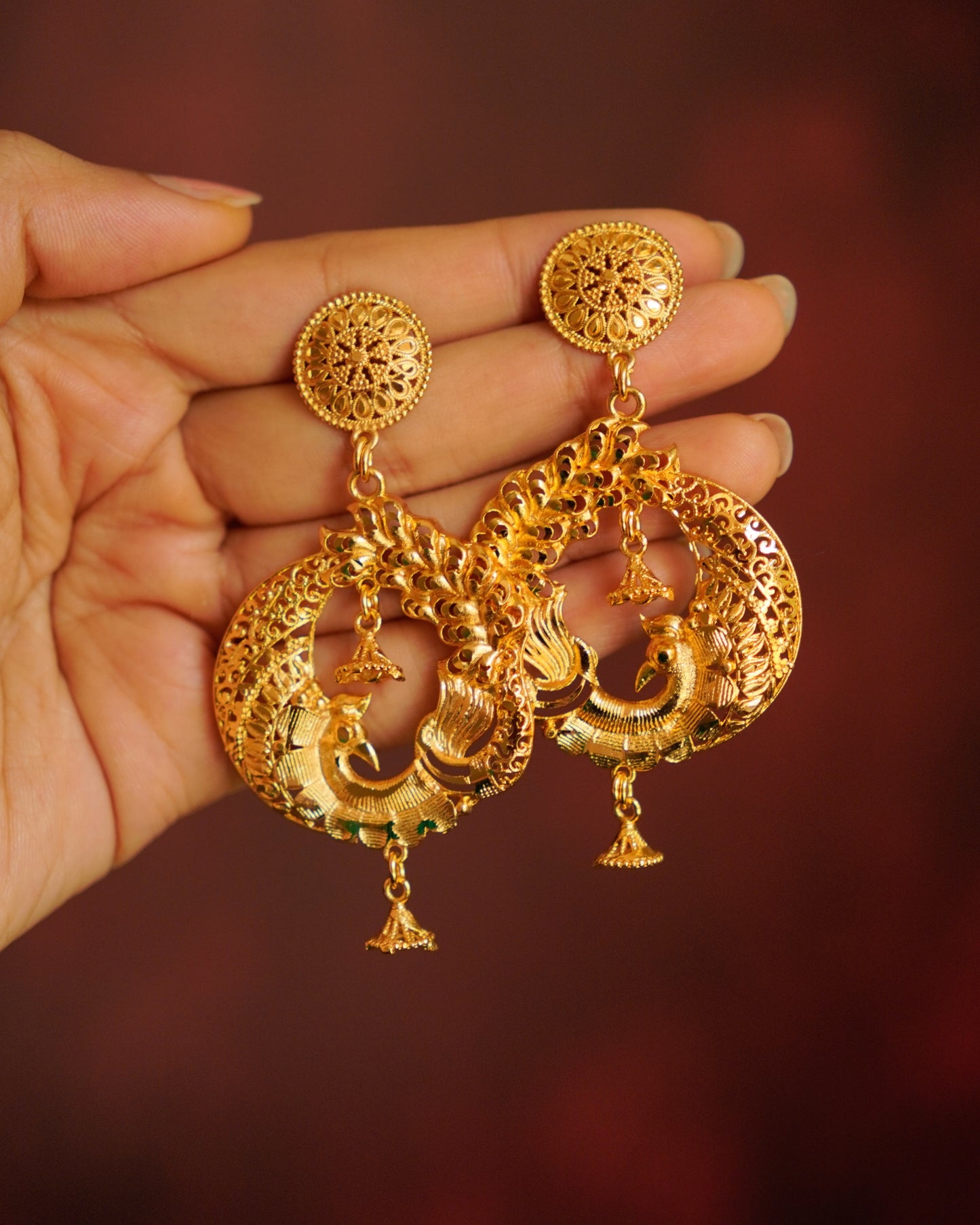 ORO-Majestic Floral Peacock Chandbali Earrings