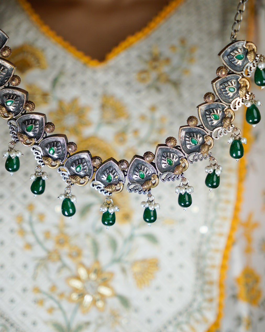 Anassa-Dual Tone Moti Floral Necklace Set