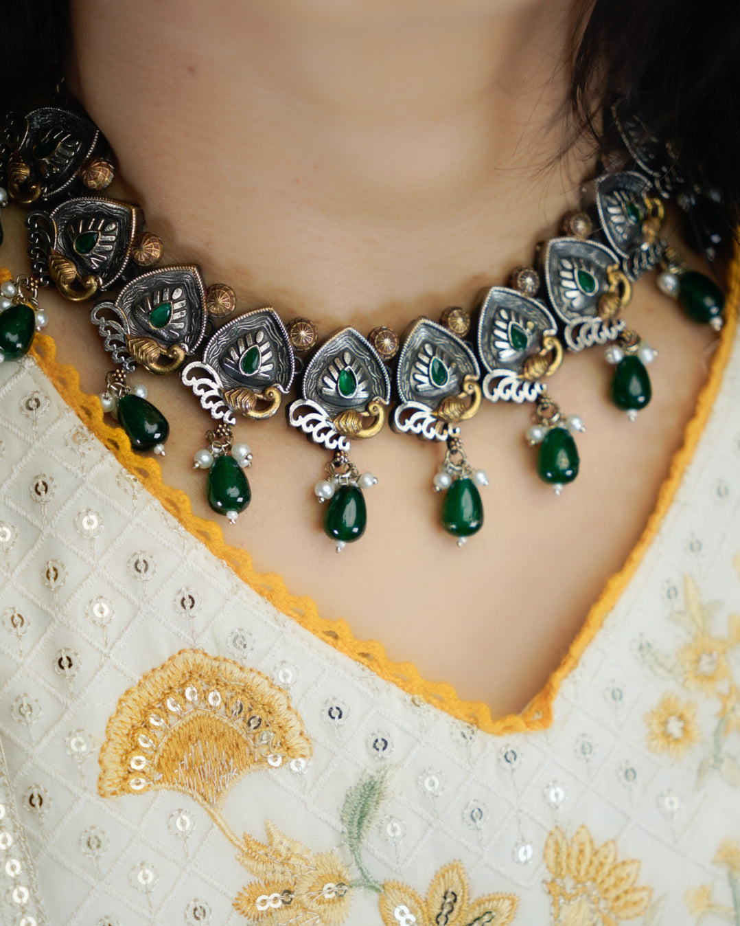 Anassa-Dual Tone Moti Floral Necklace Set
