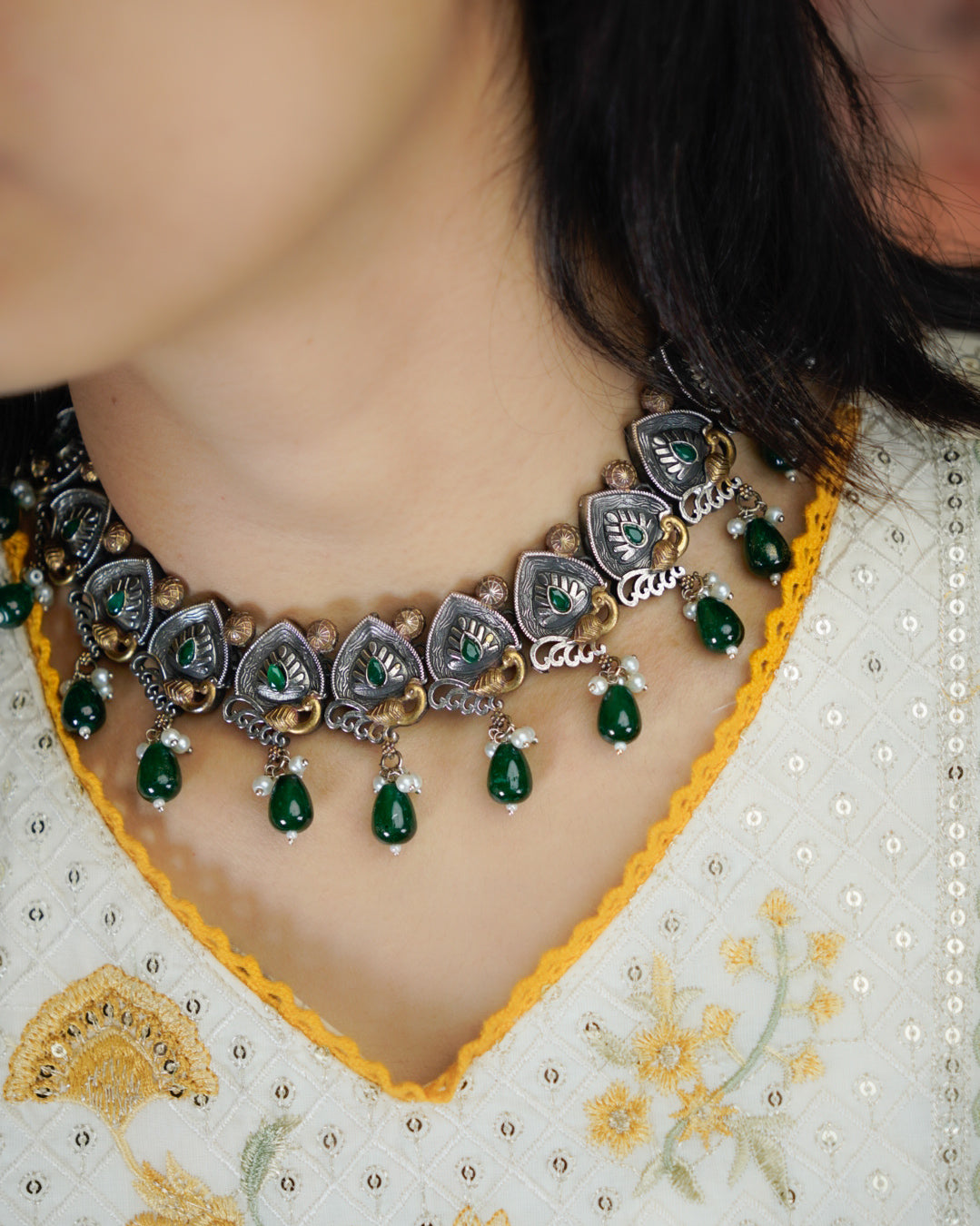 Anassa-Dual Tone Moti Floral Necklace Set