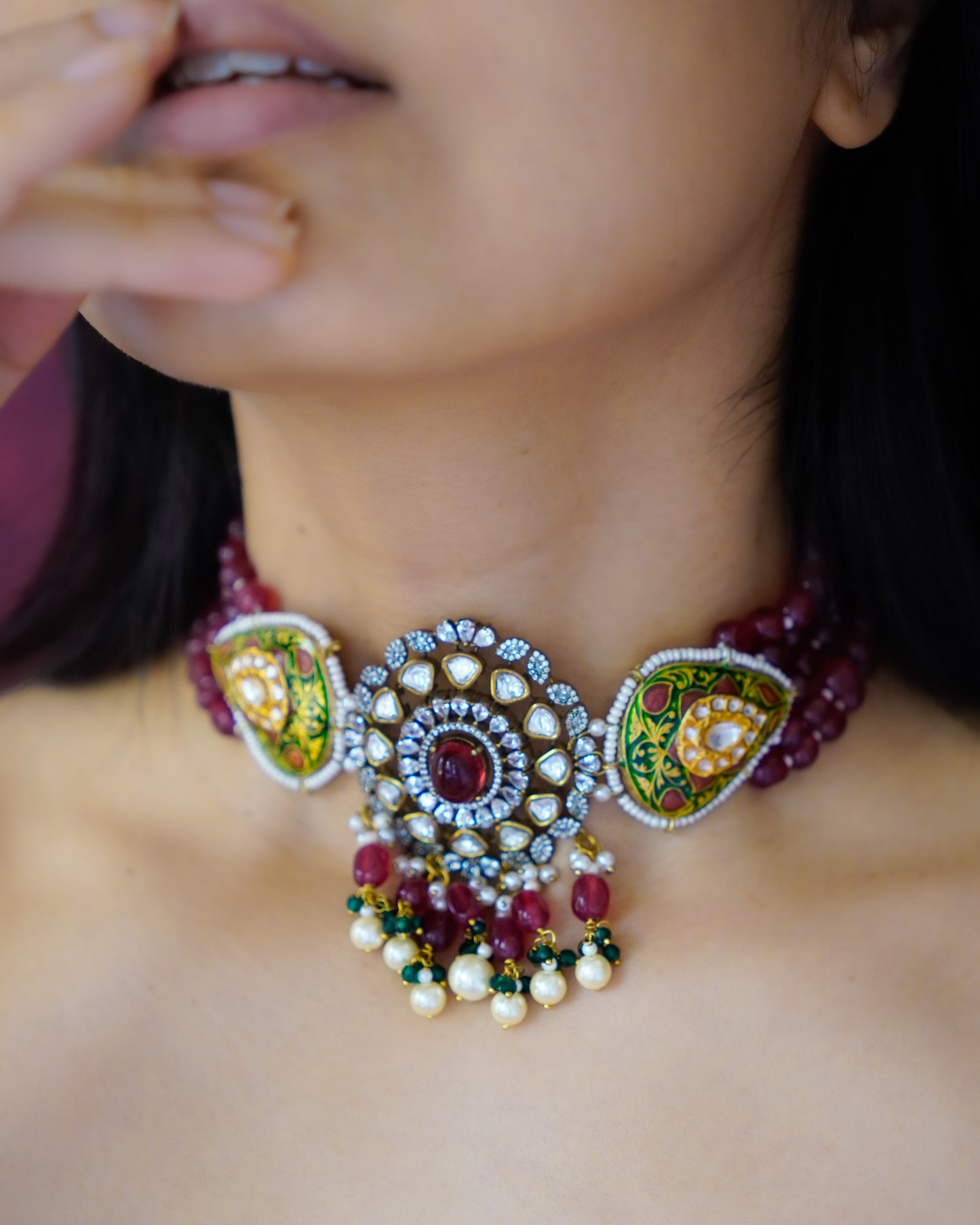 ZIKHIN- Radiant Elegance Kundan Choker Set with Stunning Red Quartz