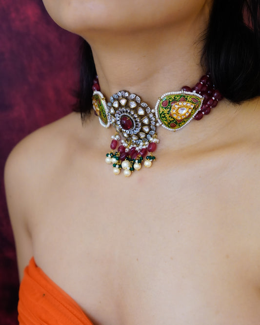 ZIKHIN- Radiant Elegance Kundan Choker Set with Stunning Red Quartz