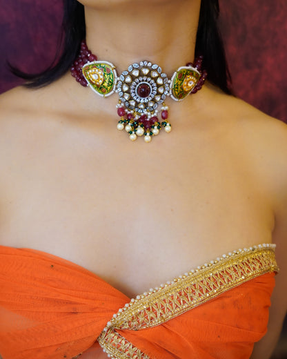 ZIKHIN- Radiant Elegance Kundan Choker Set with Stunning Red Quartz