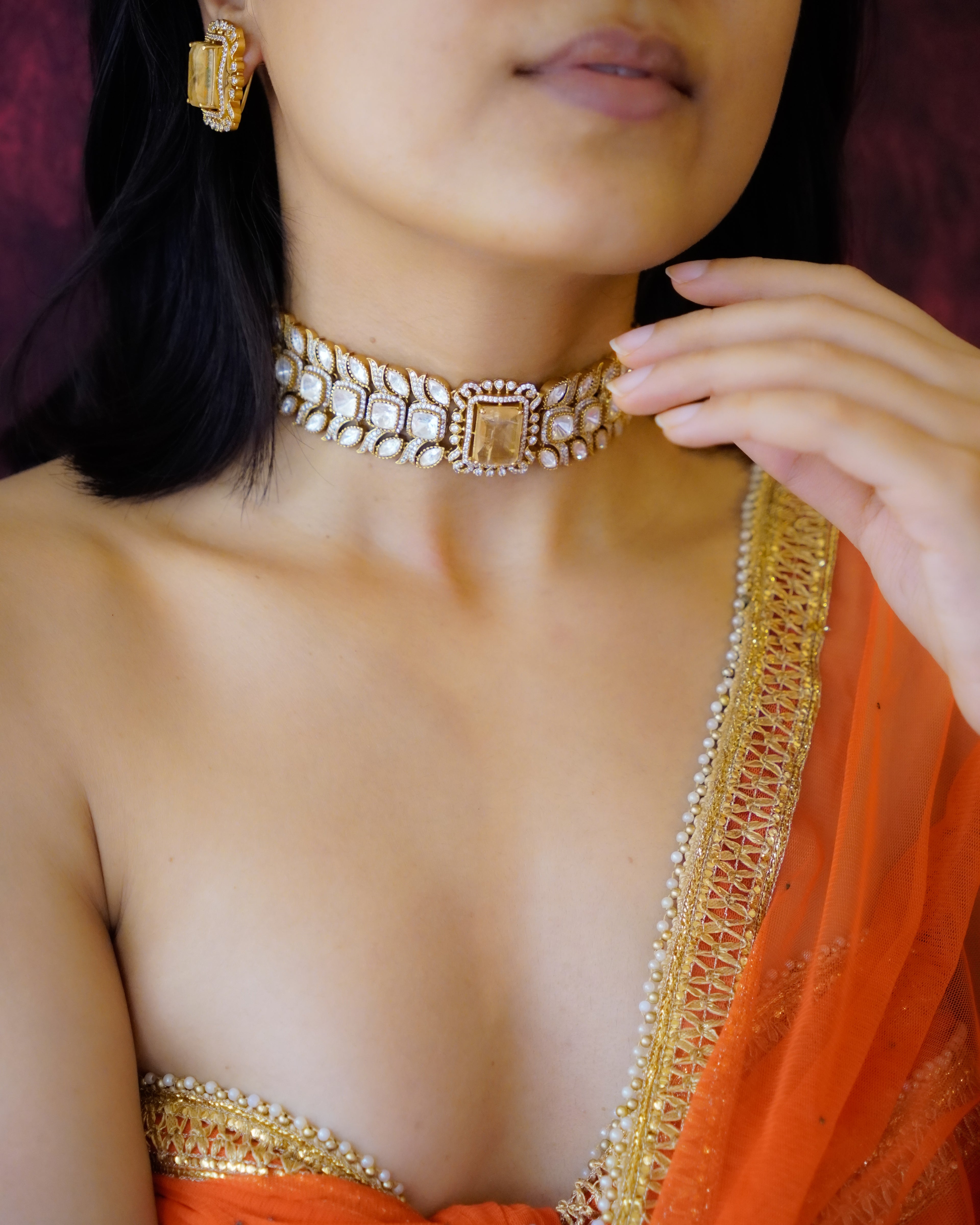 ROOP- Gold-Plated Gemstone Choker Set with Matching Earrings