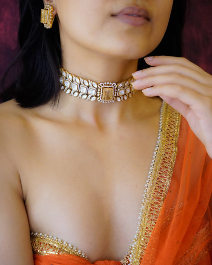 ZIKHIN- Gold-Plated Gemstone Choker Set with Matching Earrings