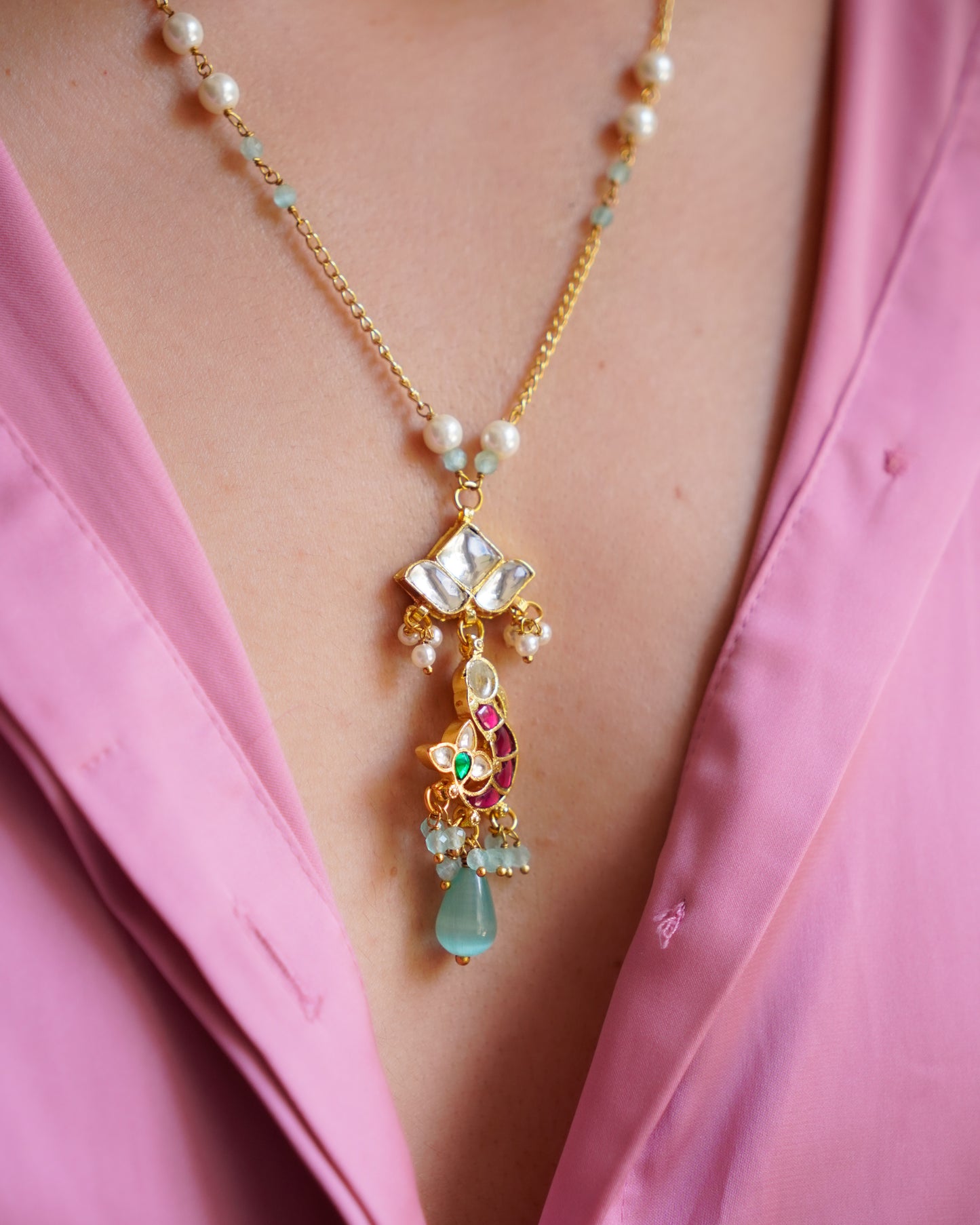 ZIKHIN-Long Multi Colour Jadau Kundan Necklace Set