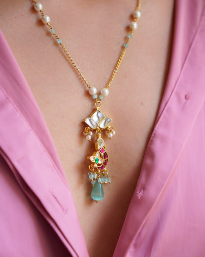 ZIKHIN-Long Multi Colour Jadau Kundan Necklace Set
